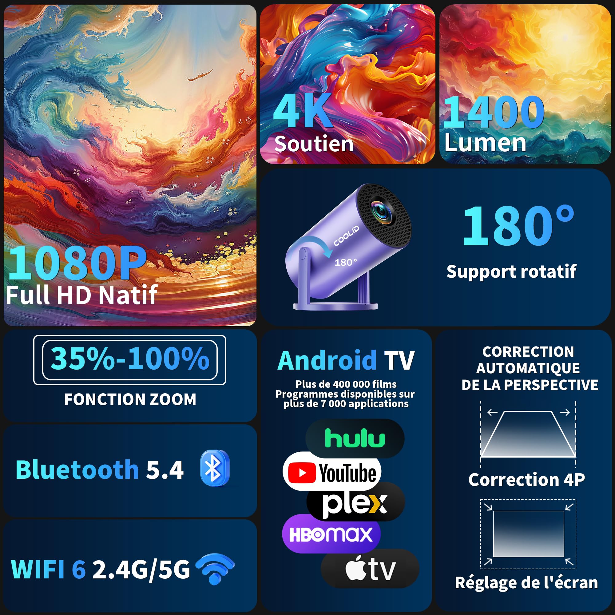 [Apps intégrées & 2026 Upgraded] Mini Vidéoprojecteur Supporte 4K 1080P avec 5G WiFi 6 Et BT 5.2 Le Projecteur Soutien Rotation 180° Portable Projecteur Video Applicable Laptop/HDMI/TV Stick,Violet