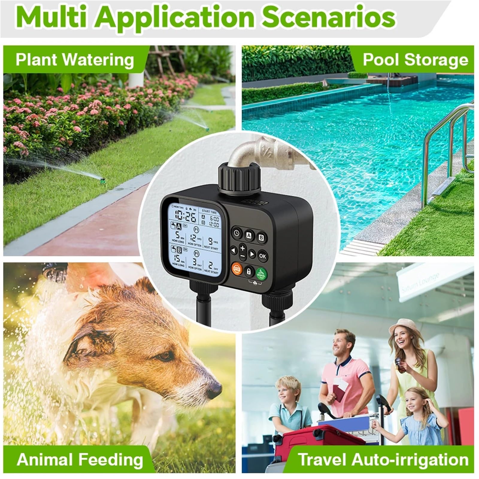 Timer per l'irrigazione, Intelligente timer for irrigazione a 2 uscite con display LCD retroilluminato sensore pioggia for di irrigazione automatica for giardino esterno