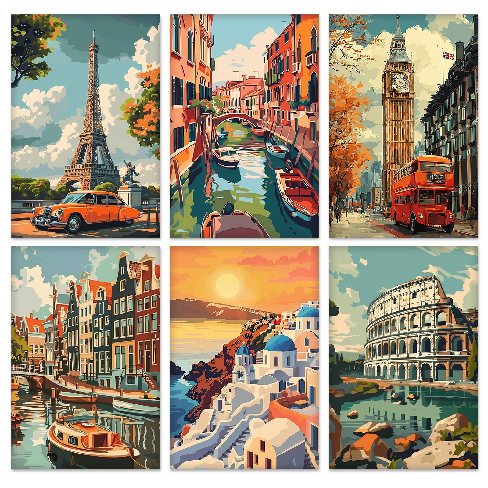 QENSPE 6 Pezzi Kit Dipingere con i Numeri, Tele Tese per Dipingere per Adulti, Pittura a Olio Acrilico per Studenti Principianti Accessori per Feste di Disegno, Paesaggio Urbano Vintage (20x30 cm)