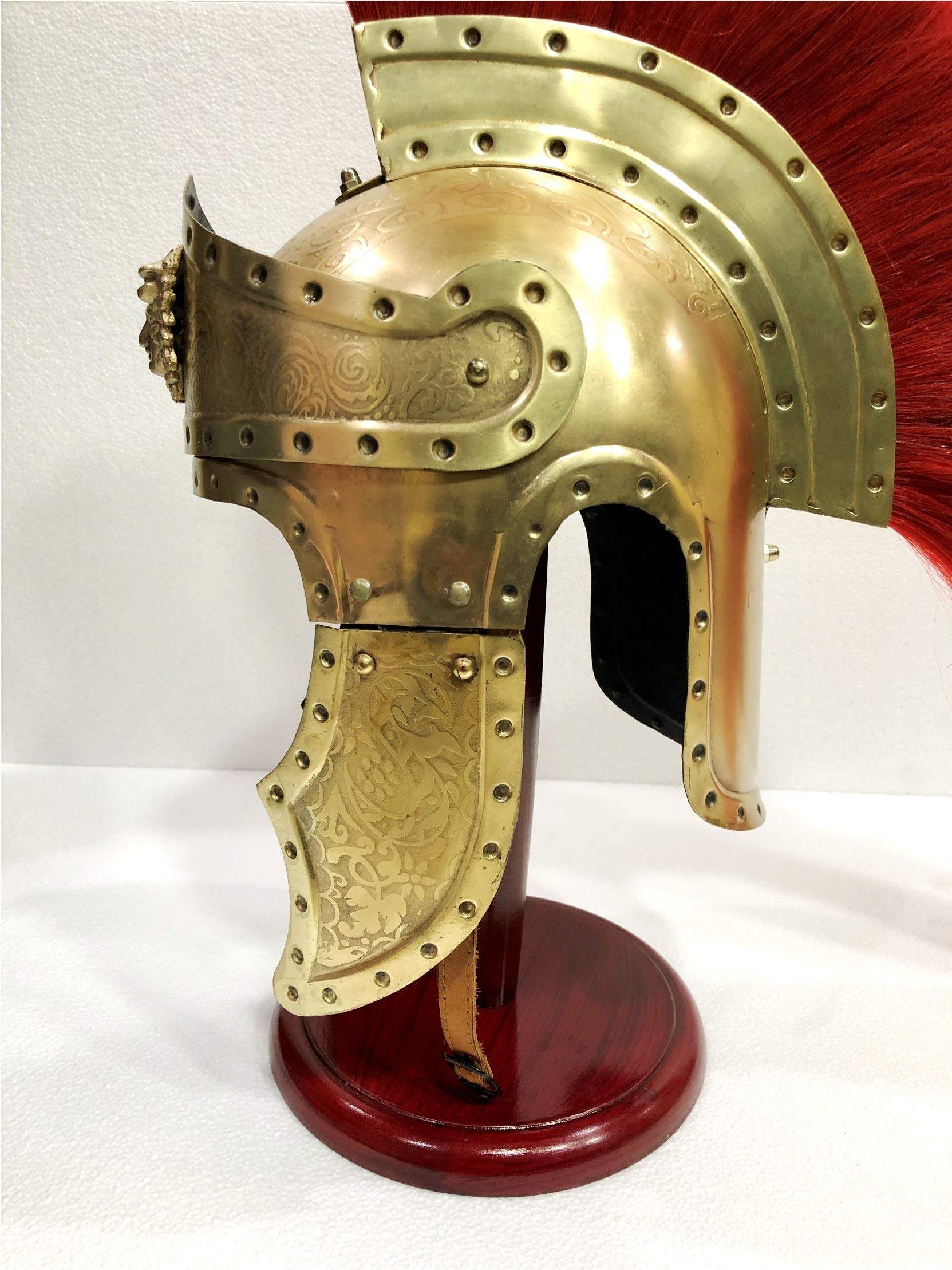 Antique Casque médiéval romain Centurion vintage armure rouge crête plume spartiates avec support en bois