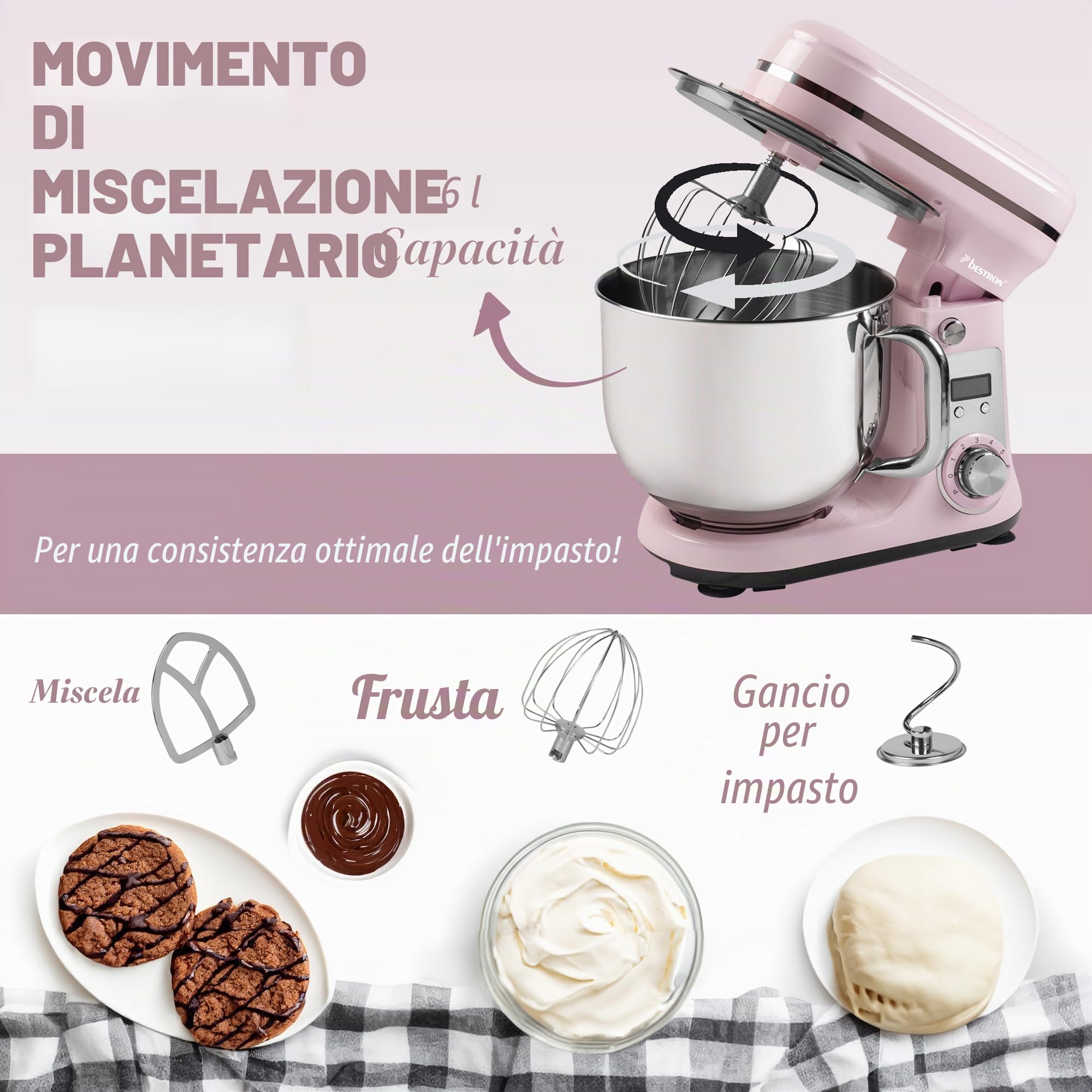 Bestron Robot da cucina Super Silent (65db) 4-1 robot da cucina con motore DC, ciotola da 6 litri, con gancio per impastare, frusta e mazza per impasto, 6 livelli di velocità + funzione impulsi,