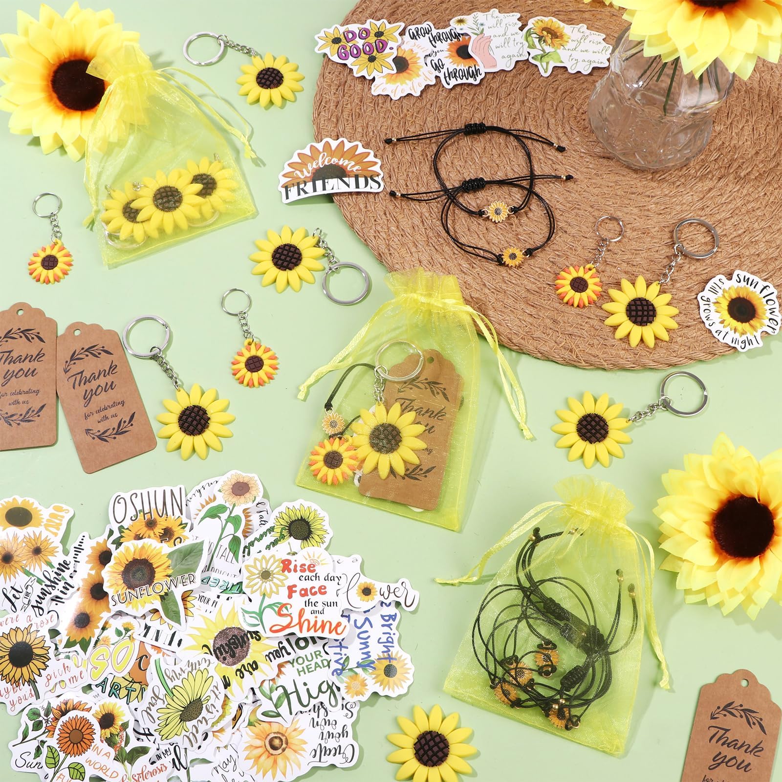 130 regali per feste a forma di girasole con portachiavi con girasole regolabili, adesivi per girasole, etichette di ringraziamento, sacchetti in organza per compleanni, matrimoni, feste estive
