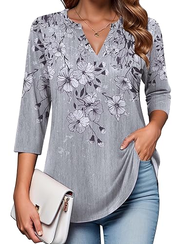 Zeagoo Womens 3/4 Length Sleeve Tops V Neck Tunic Casual Dressy Blouse Floral Printed Shirts