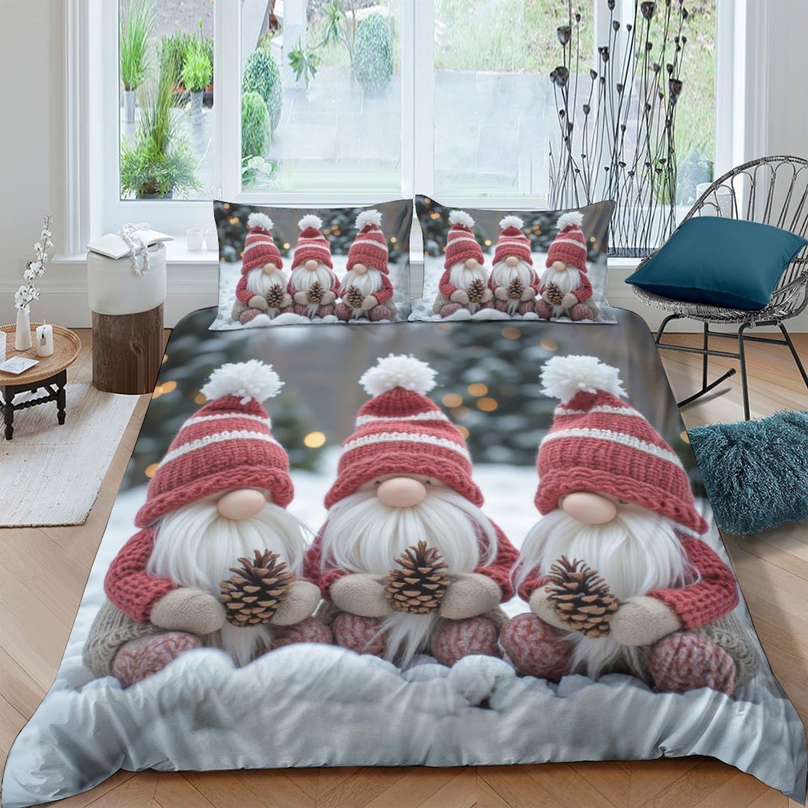 Ctjqhvkz Style-2 3D Printed Christmas Gnome Fitted Sheet Microfiber Soft Red Hat Pinecone Bed Cover For Bedroom Guest Room Decor Single（135X200cm）