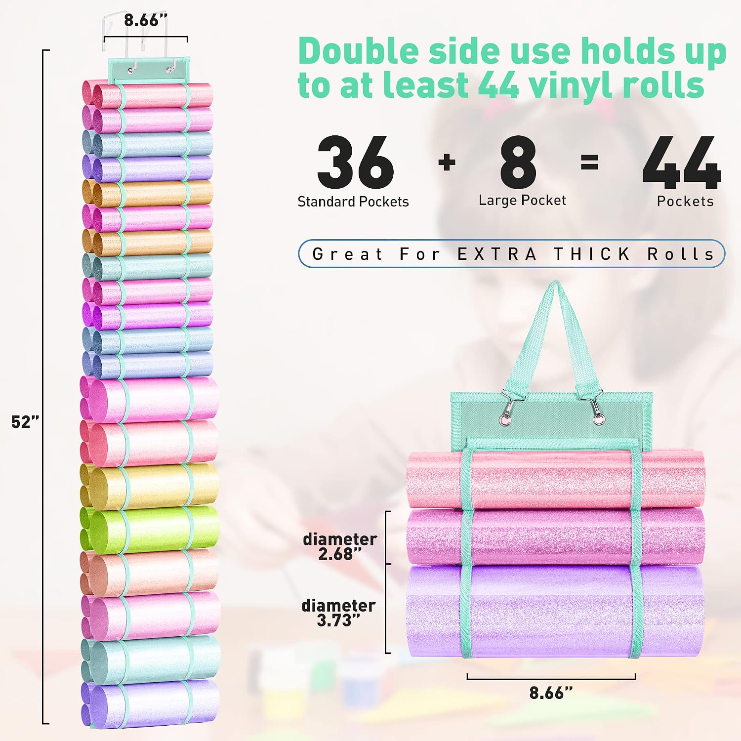 BackDuck Vinyl Roll Holder, Vinyl Storage Organizer with 44 Roll Compartments for Large Vinyl Rolls,Door/Closet Hanging/Wall Mounting Vinyl Holder,Space Saving Organization for Craft Room,Cyan