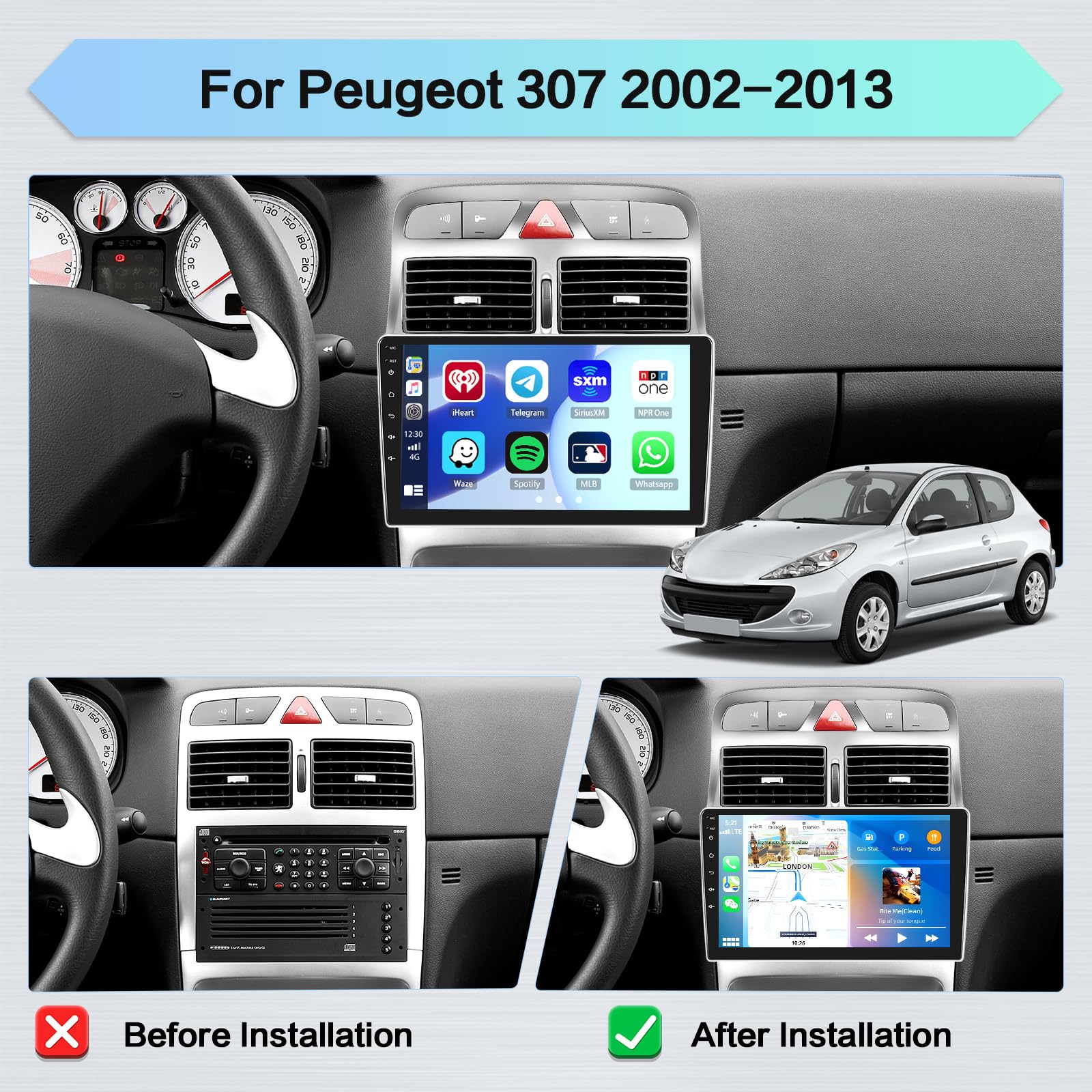 Autoradio Android 9" Pour Peugeot 307 2007-2013 - Snapdragon 8 Coeurs, 4+64Go, CarPlay/Android Auto Sans Fil, GPS, DSP