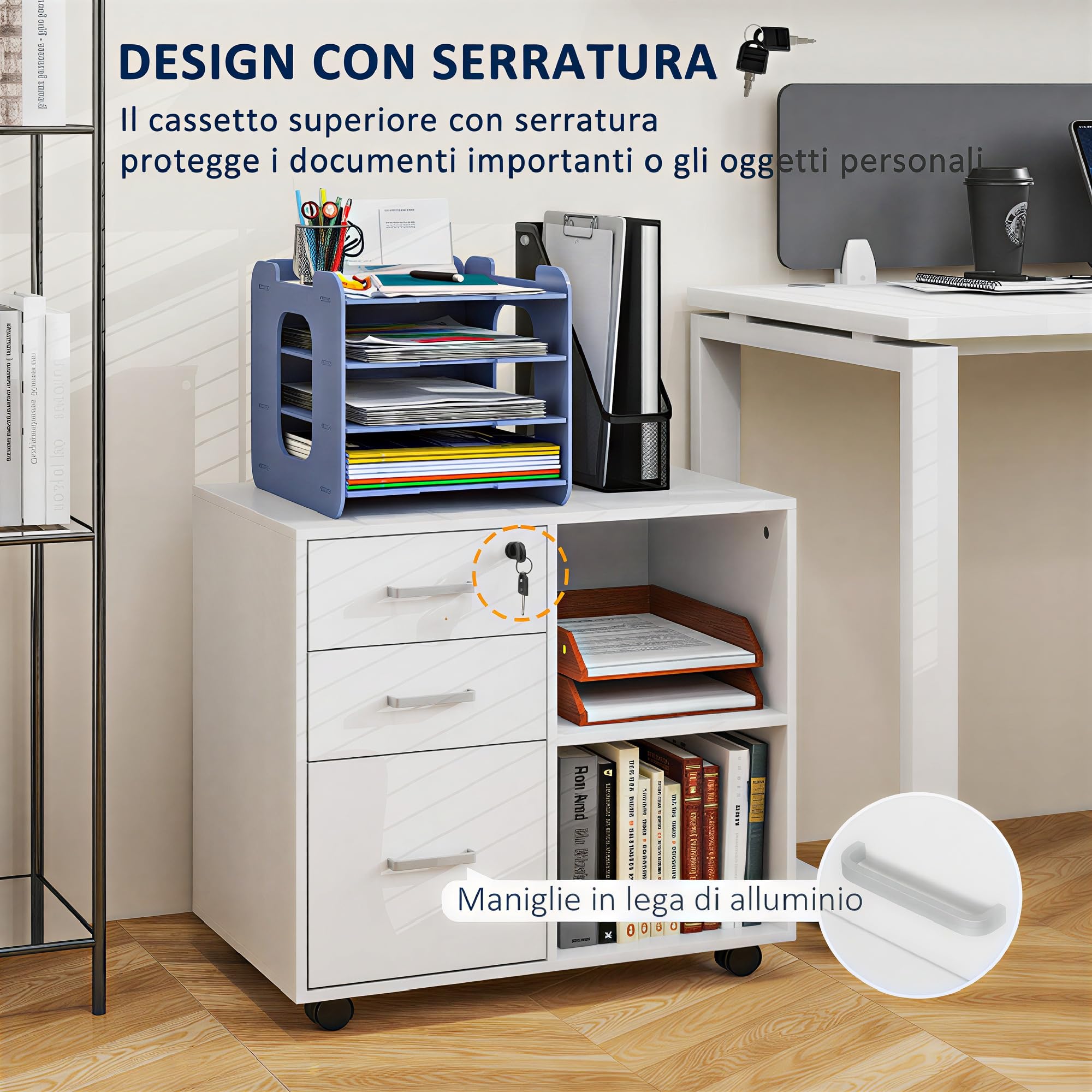 HOMCOM Cassettiera Ufficio Portadocumenti 3 Cassetti 60x40x56 cm Bianco | Serratura, Mobile Ufficio in Legno con Ruote, 2 Vani, Cassetto con Chiavi, per Studio