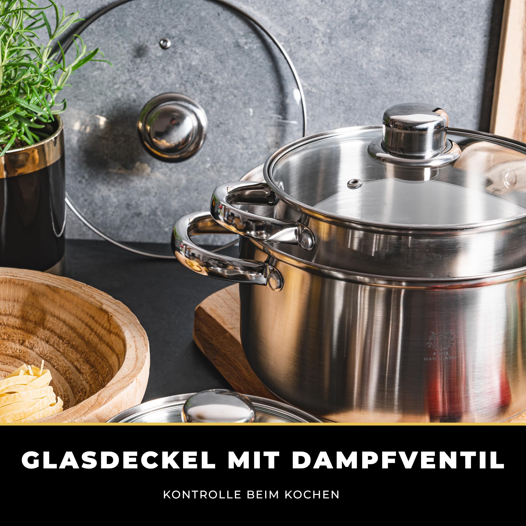 KARL HAUSMANN Topfset Induktion Edelstahl 4-Teilig - Kochtöpfe für Alle Herdarten - Kochtopf Set mit Glasdeckel - Töpfe mit Messskala - Topf Set - Kochtopfset - Topfsets - Pots - Induktionstöpfe