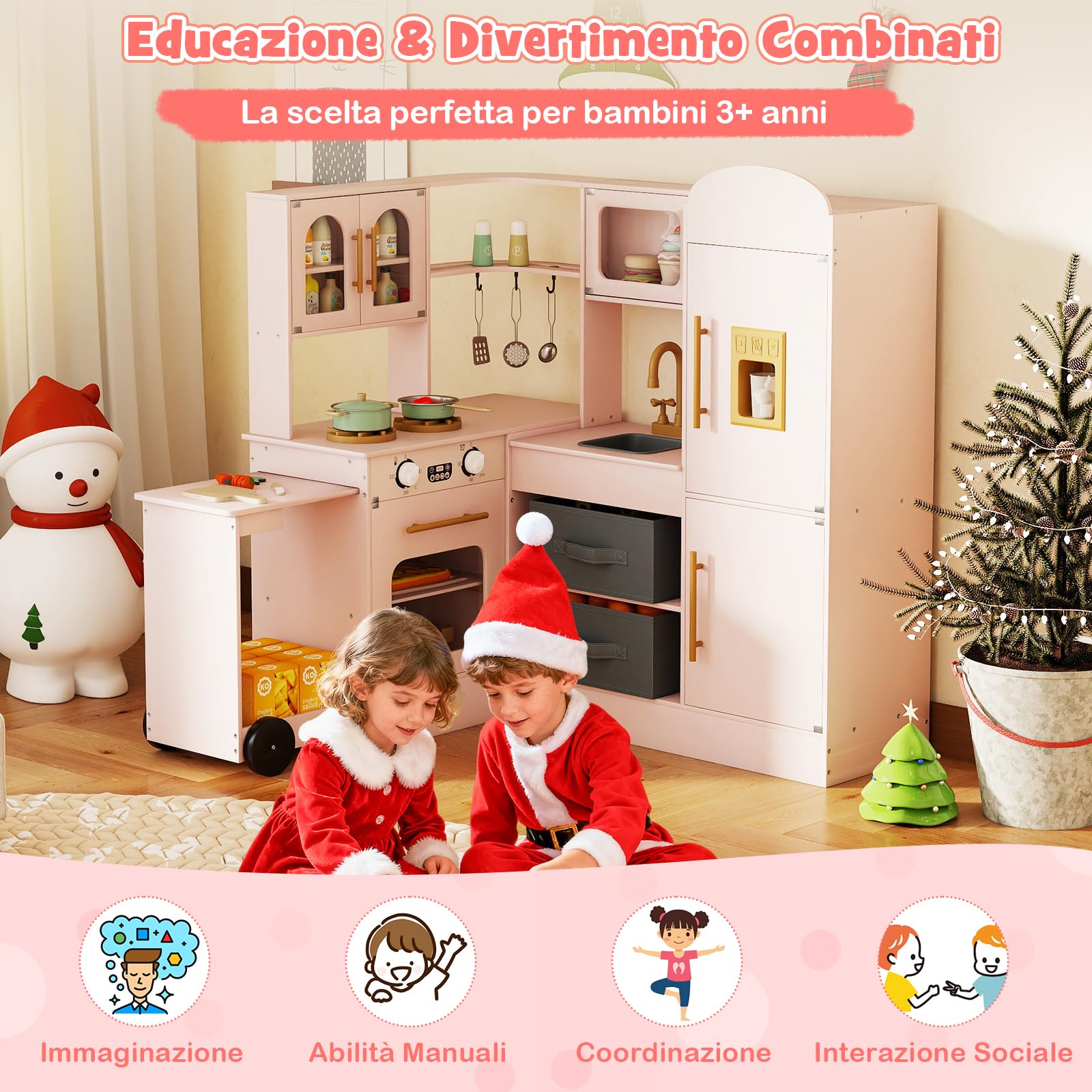 COSTWAY Cucina Giocattolo Angolare in Legno, Set di Cucina Giocattolo per Bambini con Lavabo, Fornelli, Forno, Frigorifero, Macchina del Ghiaccio e Accessori, per Bambini 3 Anni+ (Rosa)