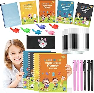 Grooves Calligraphy Practice for Beginner,Magic Pen Control Tracing Practice Copybook,Large A4 Size,Organize Bag,Auto Disappearing Ink Pen,Reusable Handwriting Workbook for Kids (6Pen+60Refill)