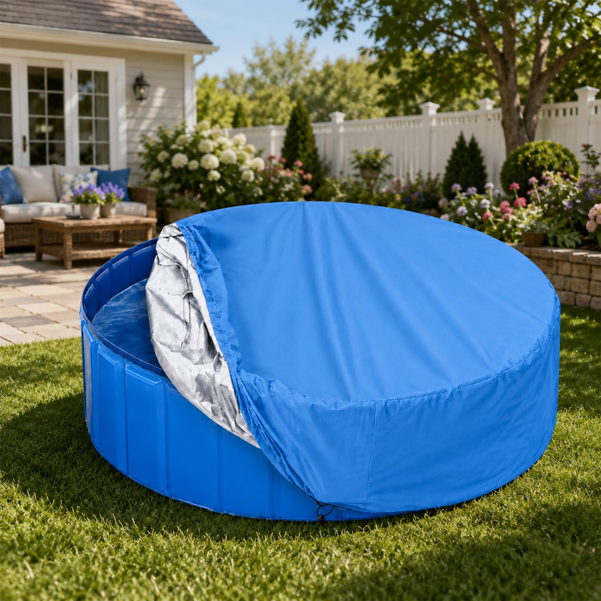 Copertura rotonda resistente per piscine fuori terra, tessuto impermeabile antivento e antistrappo, blocca foglie e detriti, riduce il consumo di prodotti chimici(Blue,L 366 x H 20 cm)