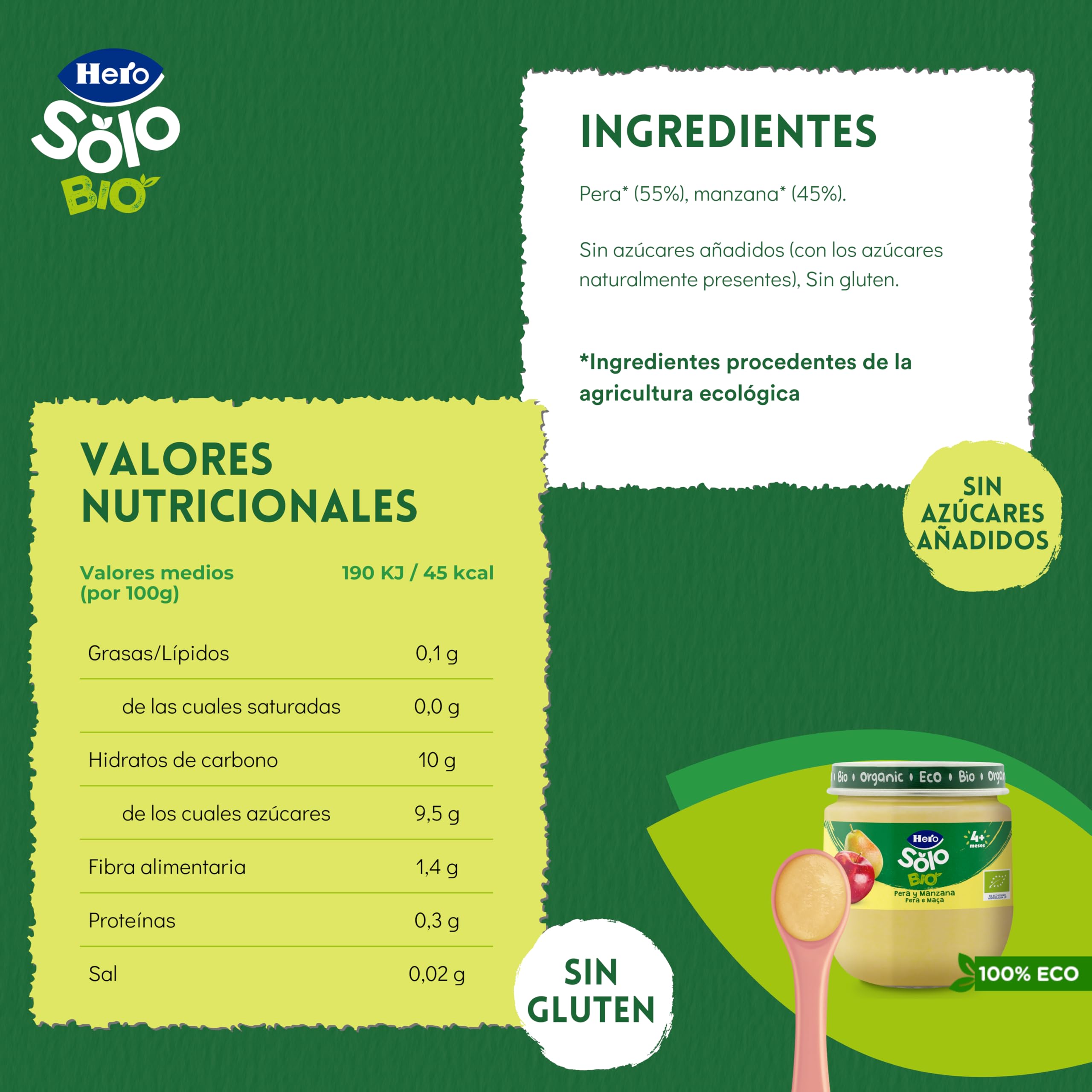 Hero Solo Bio Tarritos de Pera y Manzana 100% Ecológico - Pack 12 x 120 g