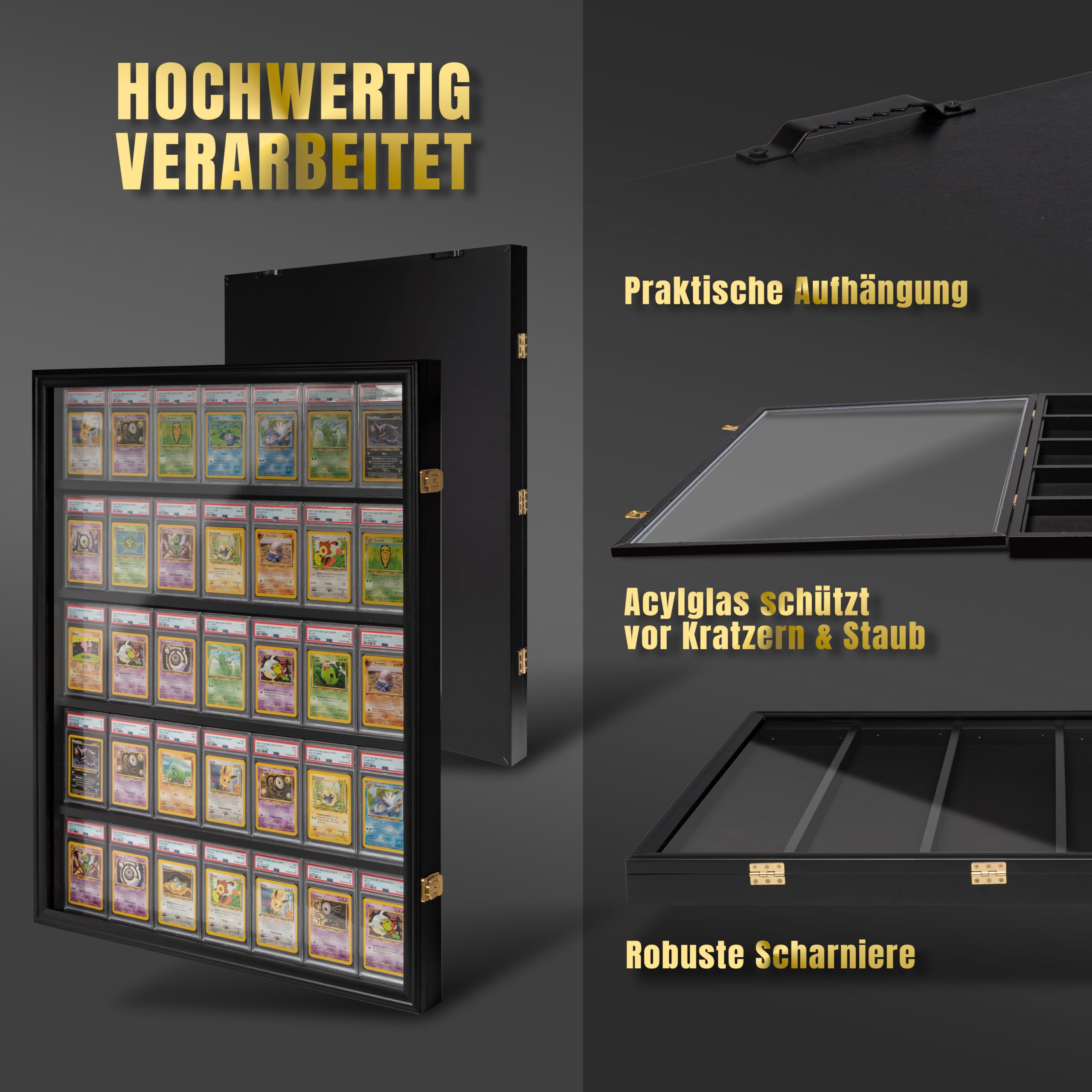 Vitrine Rahmen für Sammelkarten – Displayrahmen für PSA Karten, Wand-Vitrine für 35 Karten – kompatibel mit PSA, CGC & Beckett – 98 % UV-Schutz – ideal für Pokémon, MTG & TCG