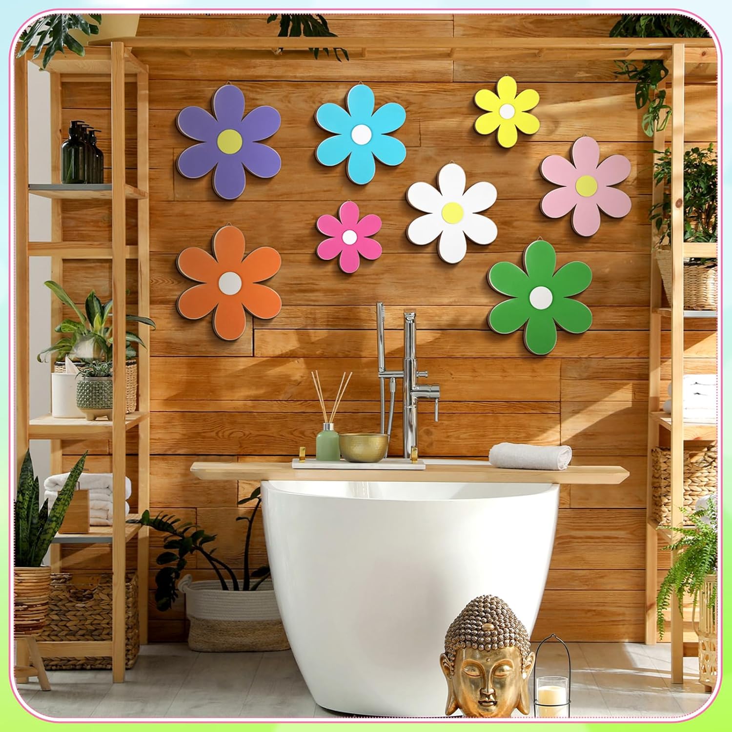 Karenhi 8 Pcs Spring Daisy Wall Decor Wooden Daisy Wall Art Colorful Flowers Hanging Signs for Home Nursery Bedroom Summer Farmhouse Bathroom Plaque Decorations Housewarming Gifts