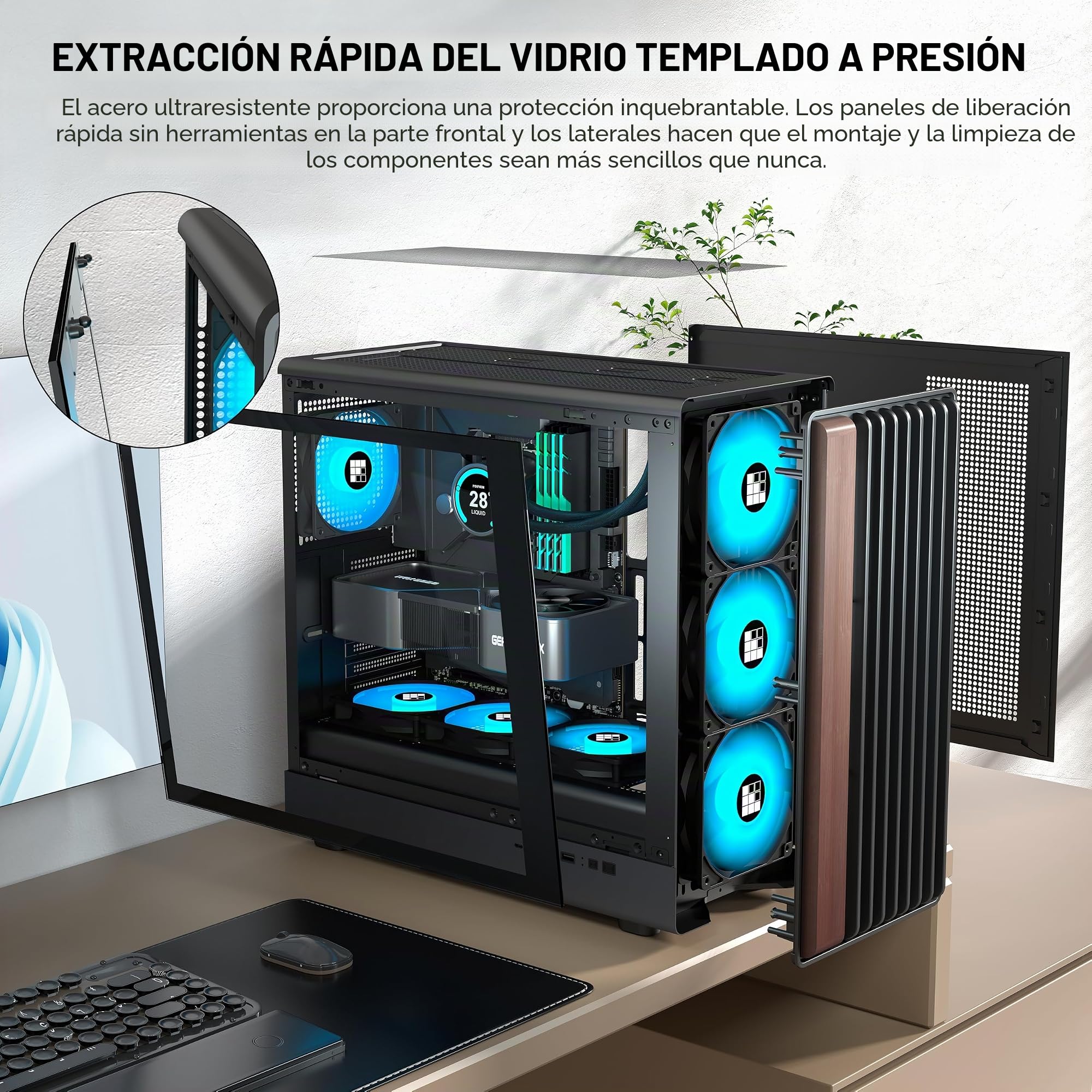 FOIFKIN M1 Caja PC - Panel Frontal de Nogal - 4 Ventiladores ARGB PWM preinstalados - Carcasa de PC ATX Mid-Tower para Juegos (Negro, M2)