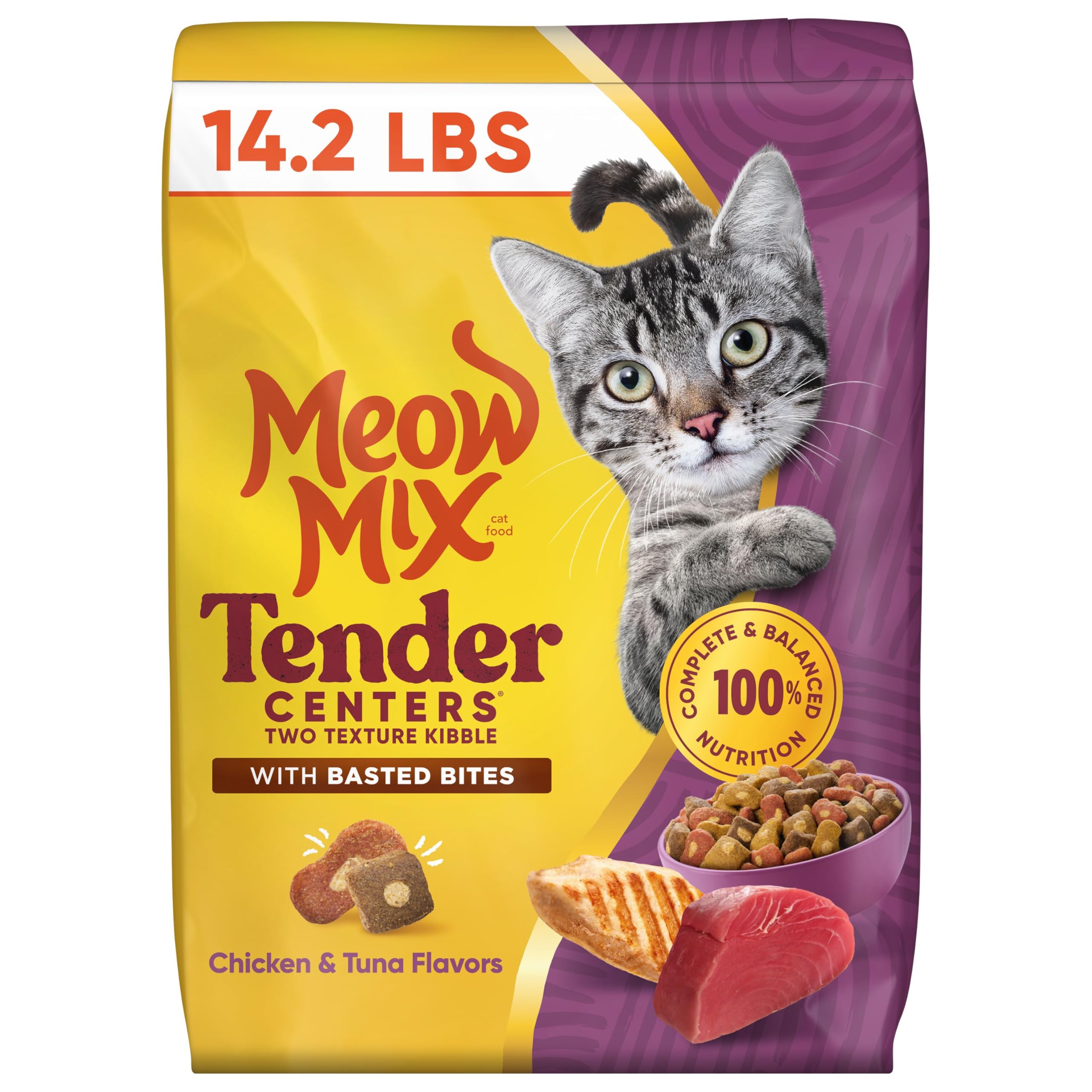 Meow Mix Tender Centers, Dry Cat Food, Chicken &amp; Tuna Flavors, 14.2 lb. Bag