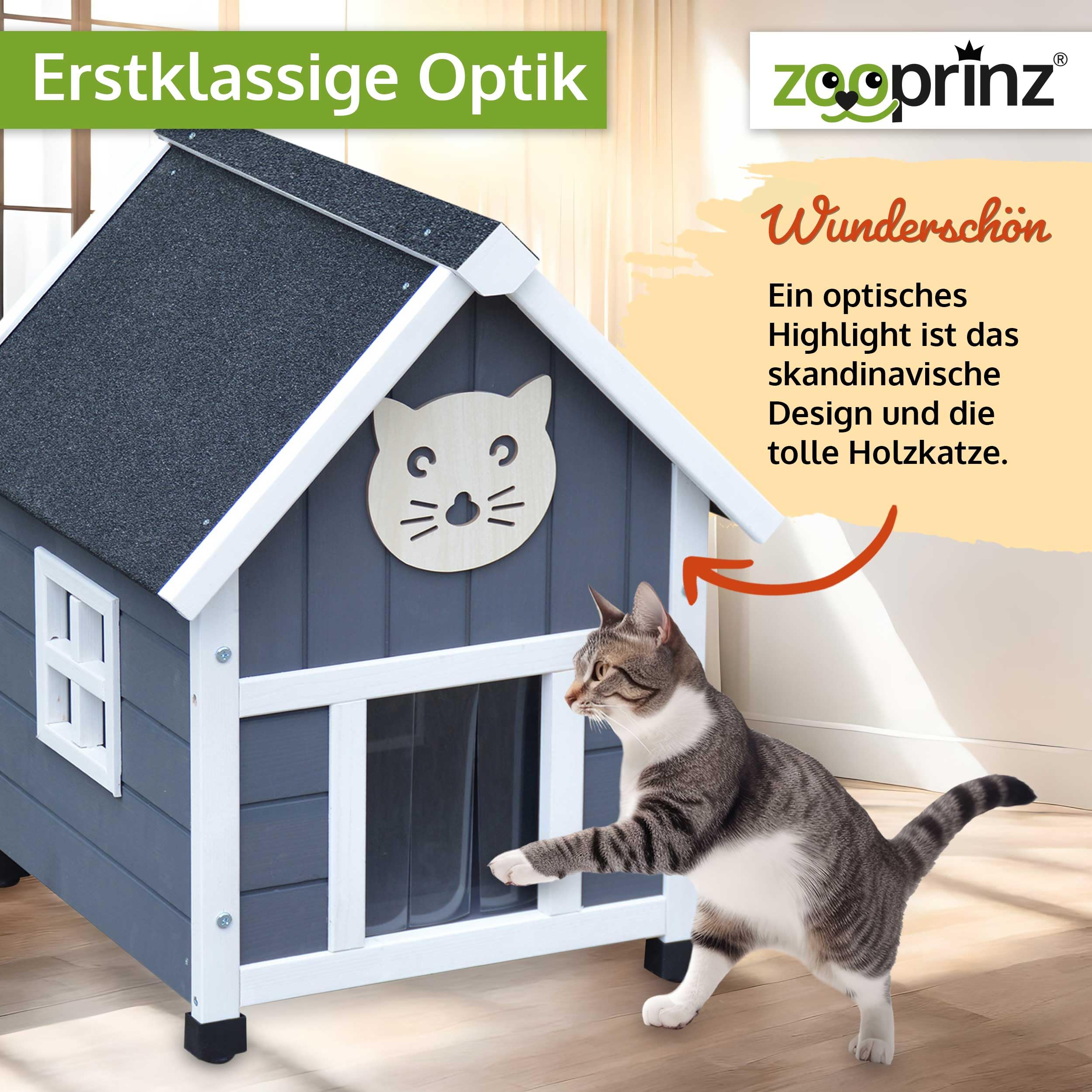 zooprinz Holz Katzenhaus – Katzenhütte im Skandi-Look, Grau-Weiß
