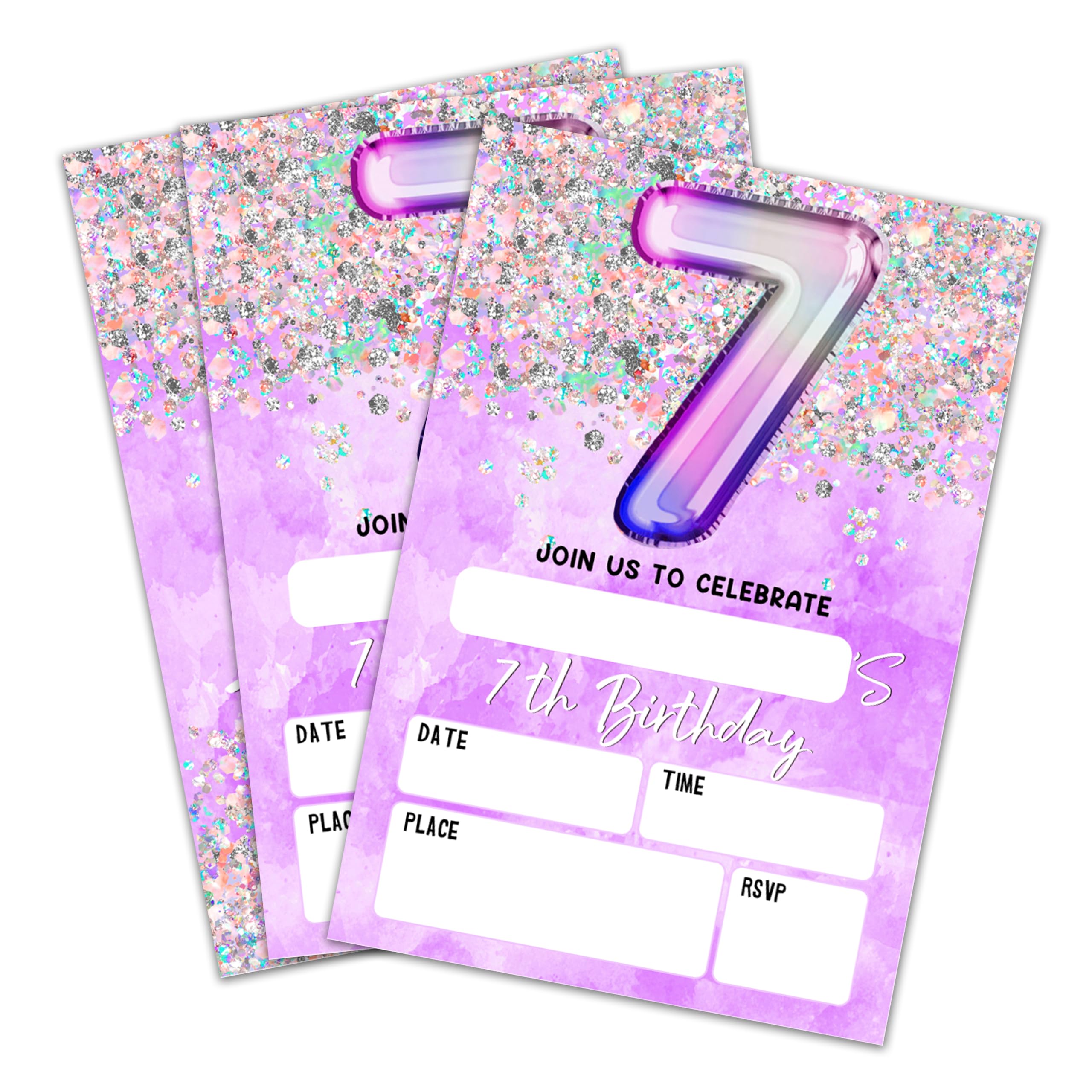 7Th Birthday Invitation Cards, Holographic Balloons Double-Sided Fill In Style Birthday Invites With Envelopes, Glitter Purple 7 Years Old Invitations