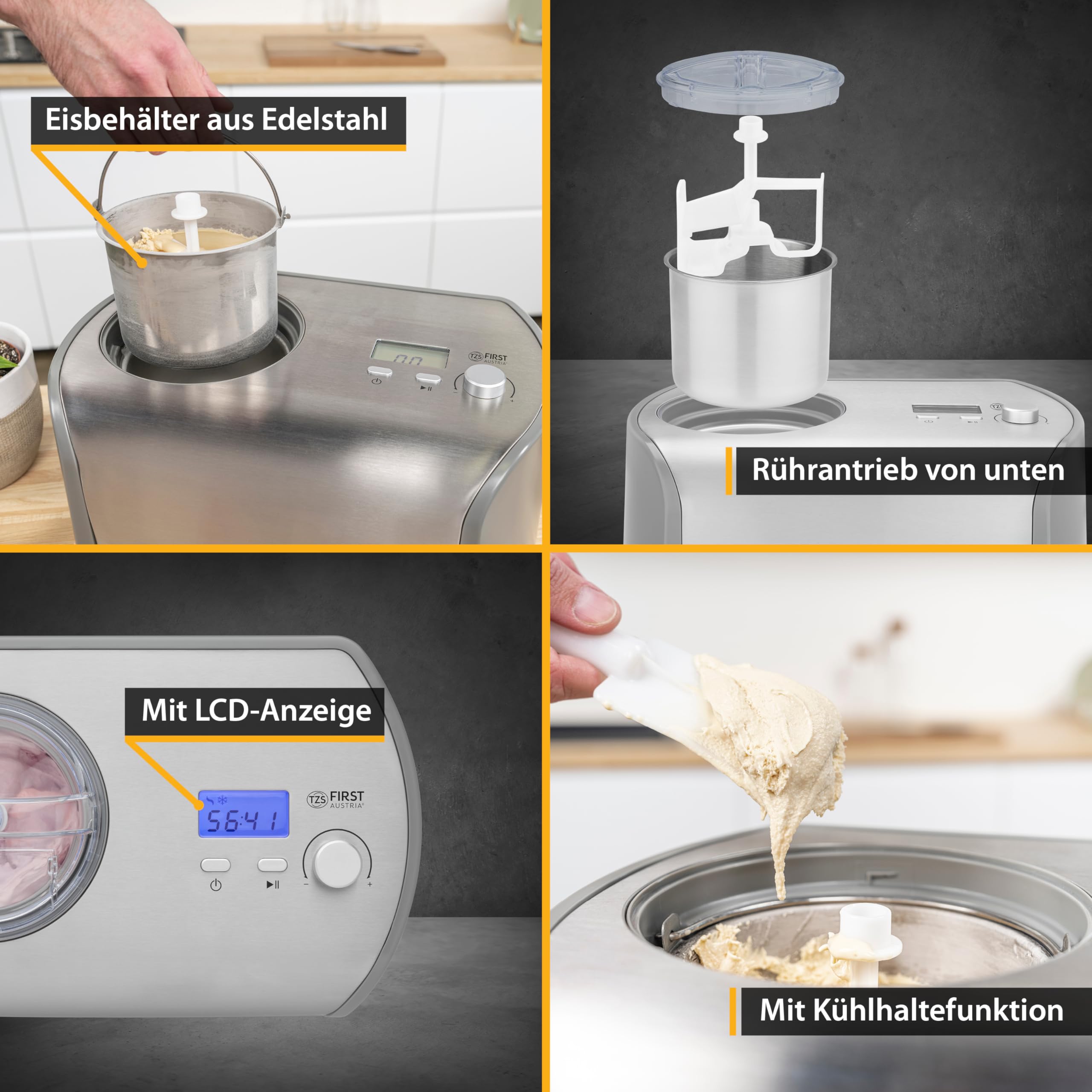 TZS First Austria - Eismaschine 1,2L - 135W - Kompressor & Kühlfunktion - Speiseeisbereiter für Milcheis, Sorbet oder Frozen Yogurt - Edelstahl-Behälter - Grau
