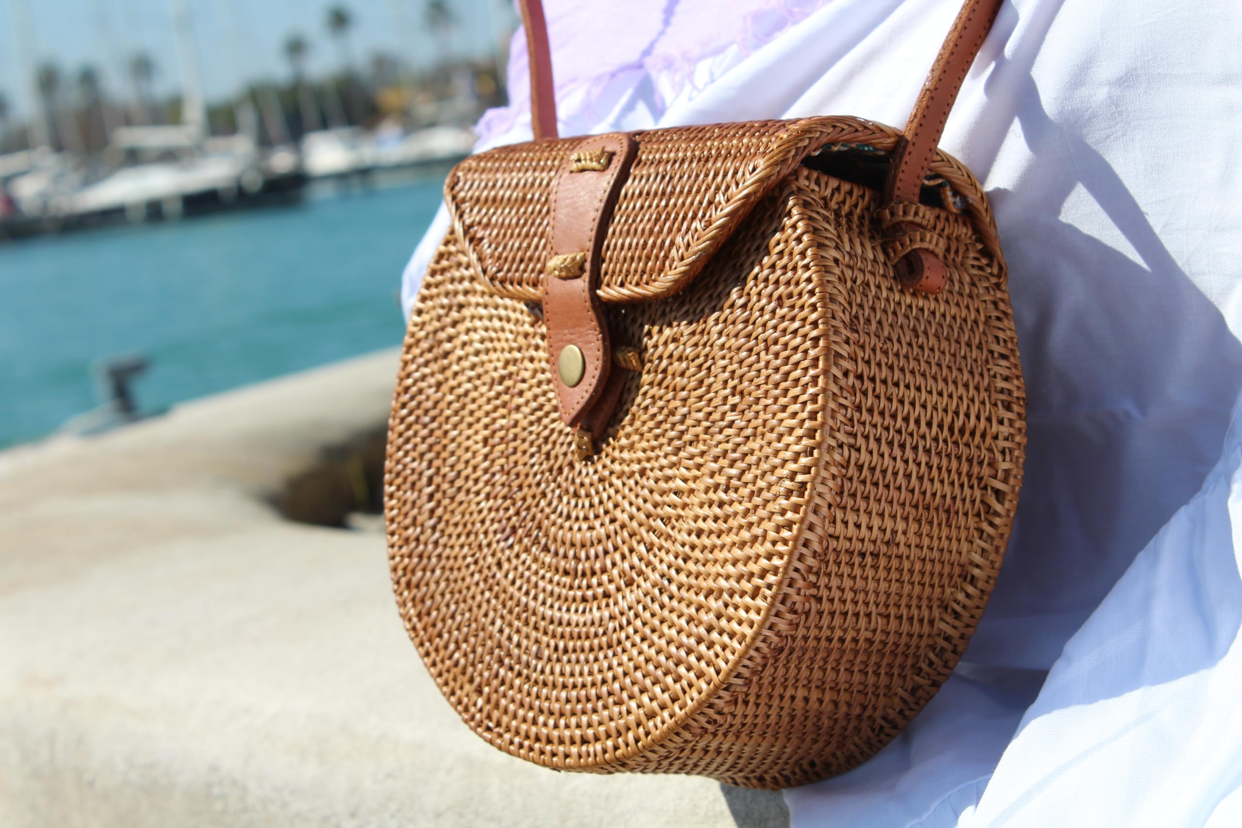 Borsa Paglia Donna Estiva in Midollino con Intreccio in Rattan - Borsetta Tonda con Cinturino Lungo - Interno in Cotone - Borsa Primavera Estate 2024 (Tracolla)