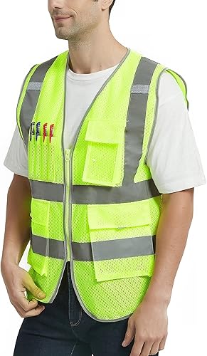 Miniatura 1 de VICRR Chaleco de seguridad para hombres y mujeres con bolsillos, chaleco de seguridad reflectante amarillo rosa, negro y azul, chaleco de seguridad