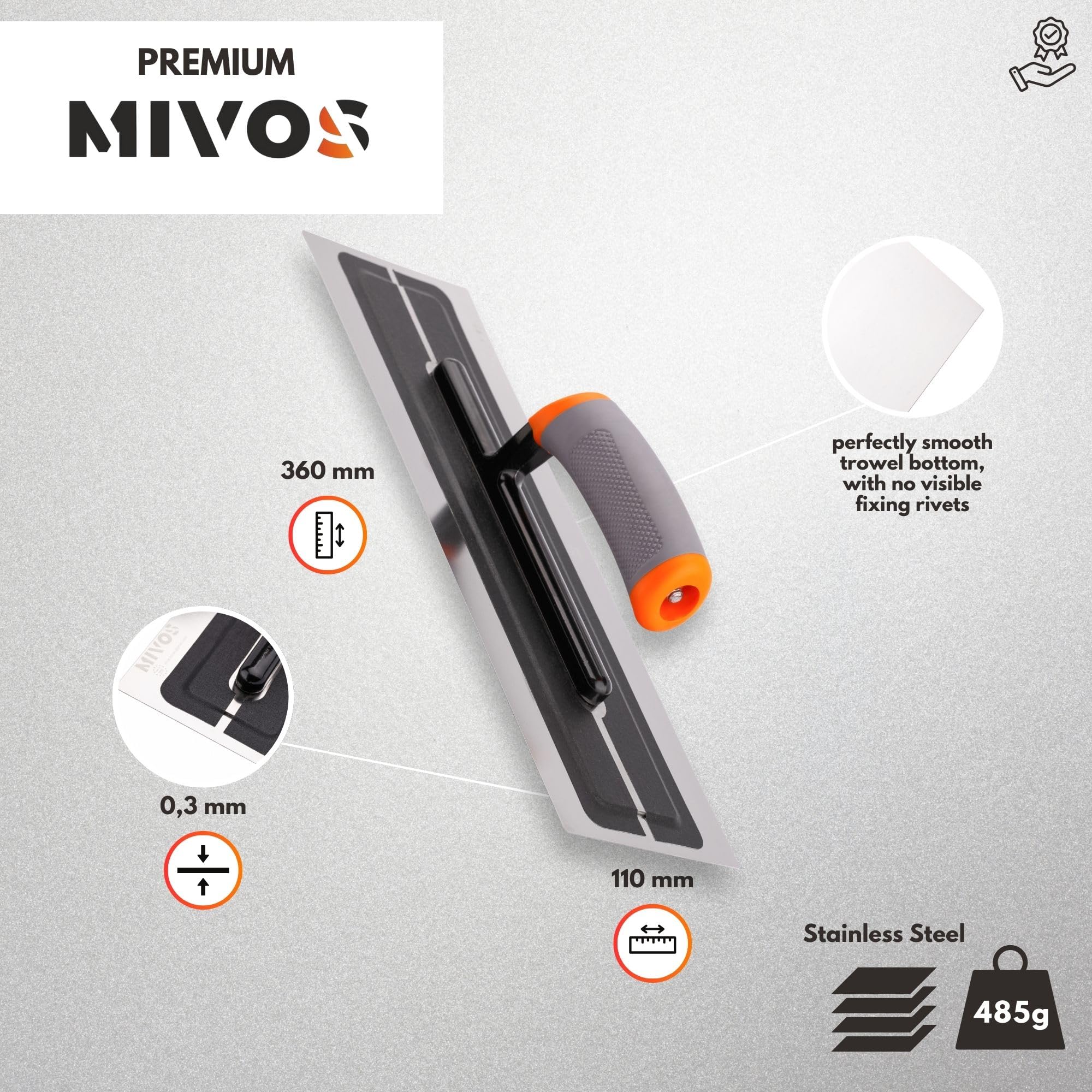 MIVOS Premium smoothing trowel made of high-quality stainless steel, 360 x 110 mm, professional smoothing wheel, smoother - Image 3