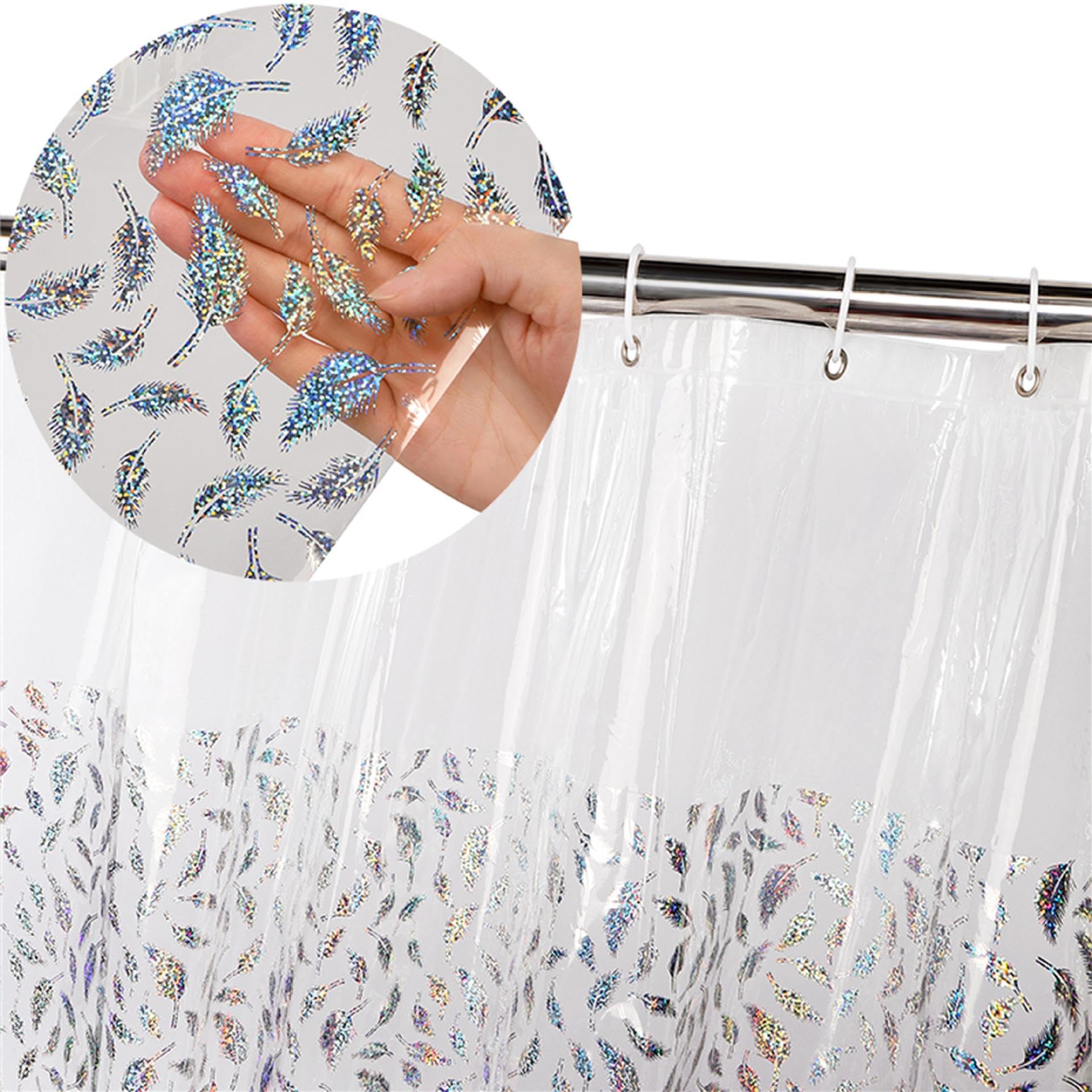 Riyidecor PEVA Glitter Star Shower Curtain Liner - 72x72 Inch, Weighted Magnets, 12 Hooks Included