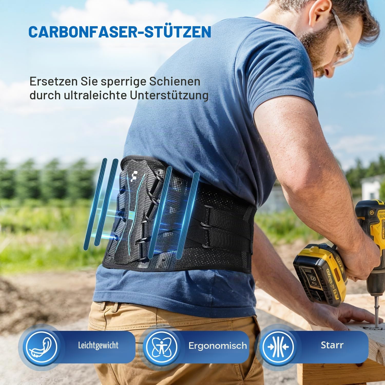 Fitomo Rückenstützgürtel, Rückenbandage mit 3D Lendenpolster aus Carbonfaser, Lendenwirbelstütze für unteren Rücken, Atmungsaktive Rückengurt für Arbeit & Sports, XL