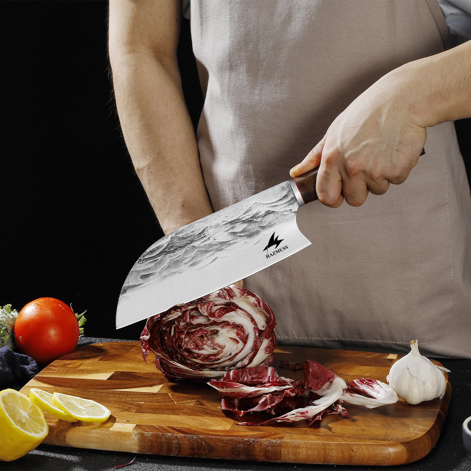Coltello da Chef Artigianale 19,5 cm, Acciaio Alto Carbonio Affilato, Manico Legno di Frassino + Fodero in Pelle, Ideale per Cucina, Outdoor e Barbecue