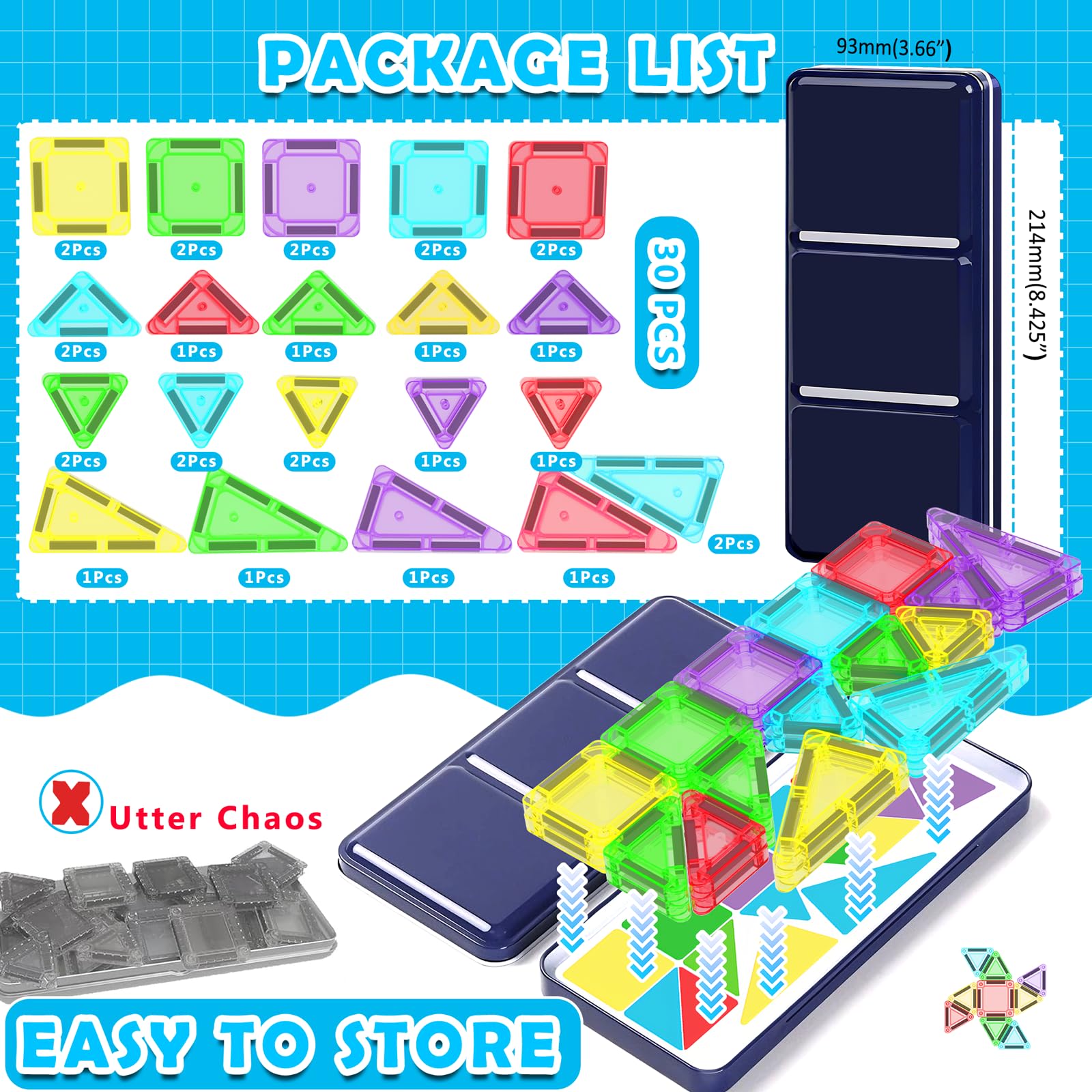 Mini Magnetic Tiles Travel Set with Case 30pcs, Mini Travel Magnet Tiles, Portable Travel Size Magnetic Tiles for Kids Ages 3-5 4-8 Boys Girls, STEM Magnet Toys for Outdoor, Kids Gift