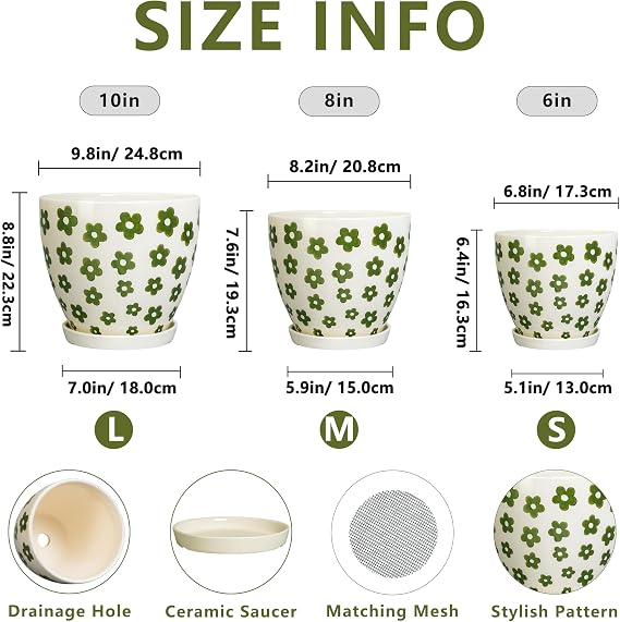 MPotTo Indoor Plant Pots - 10+8+6 Inch Ceramic Planters for Indoor Plants, Boho Round Ceramic Flower Pots with Drainage Holes and Saucers, Housewarming Gifts, Home Decor, Set of 3, White