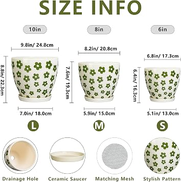 MPotTo Indoor Plant Pots - 10+8+6 Inch Ceramic Planters for Indoor Plants, Boho Round Ceramic Flower Pots with Drainage Holes and Saucers, Housewarming Gifts, Home Decor, Set of 3, White