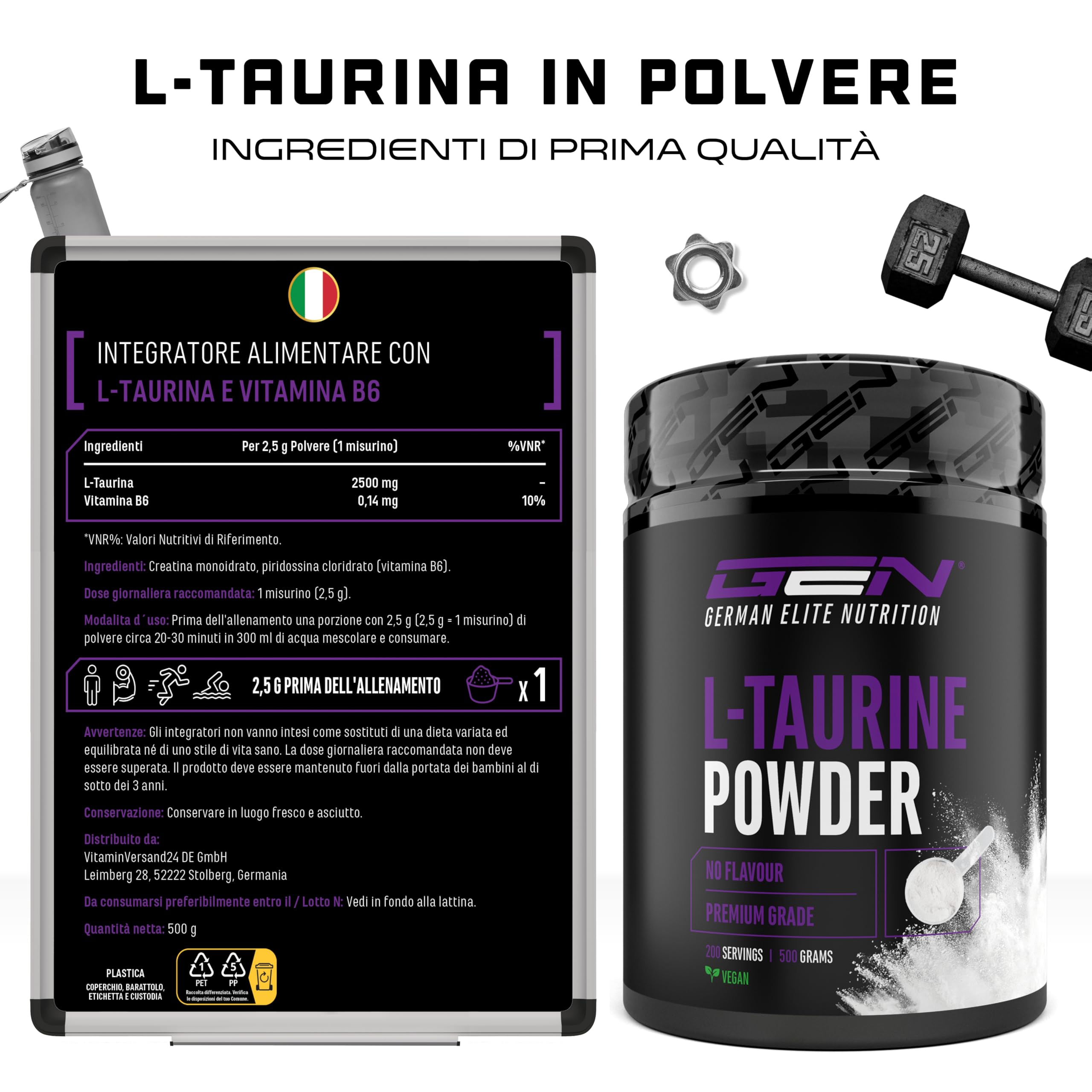 Taurina in polvere - 500 g - Solubilità ottimale - Vegan - Pura e senza additivi - Aminoacido L-Taurina - German Elite Nutrition