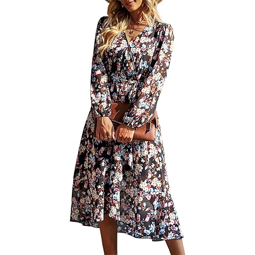 PRETTYGARDEN Women's Floral Print Boho Dress Long Sleeve Wrap V Neck Ruffle Belted A-Line Flowy Maxi Dresses