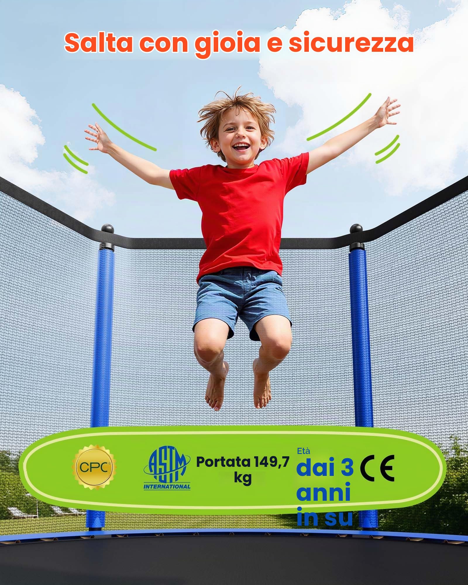 VEVOR Trampolino da Esterno 305 x 305 cm con Rete di Sicurezza e Telaio in Acciaio, Omologato ASTM, per Carichi Pesanti, Capacità Massima di 150 kg, Trampolino da Giardino per Bambini