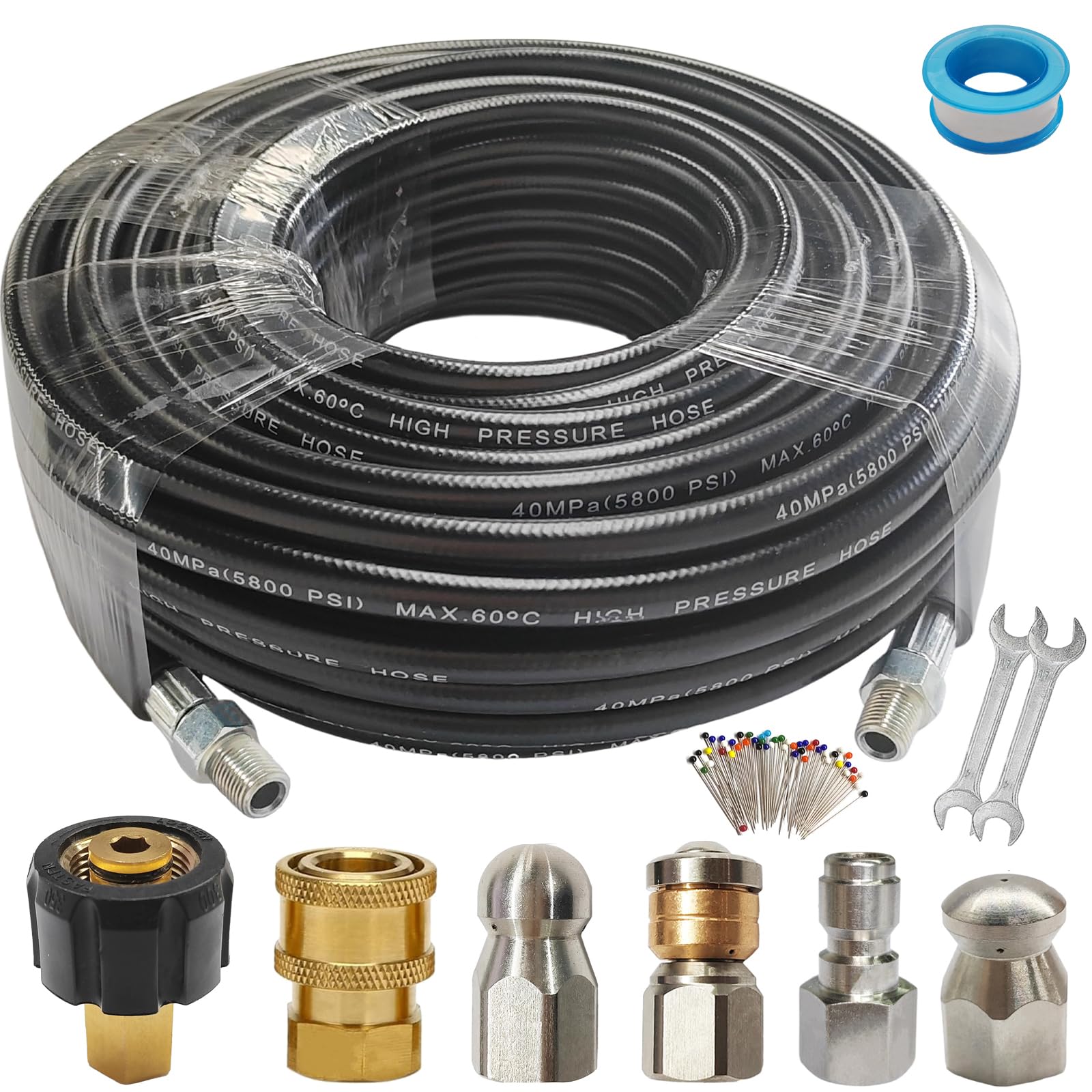 GoooodMore 100FT Sewer Jetter Kit for Pressure Washer,5800PSI Drain Cleaner Hose 1/4 Inch NPT,Rotating and Button Hose Sewer Jetting Nozzle,Quick Connect Plug,Drain Jetter for Pressure Washer