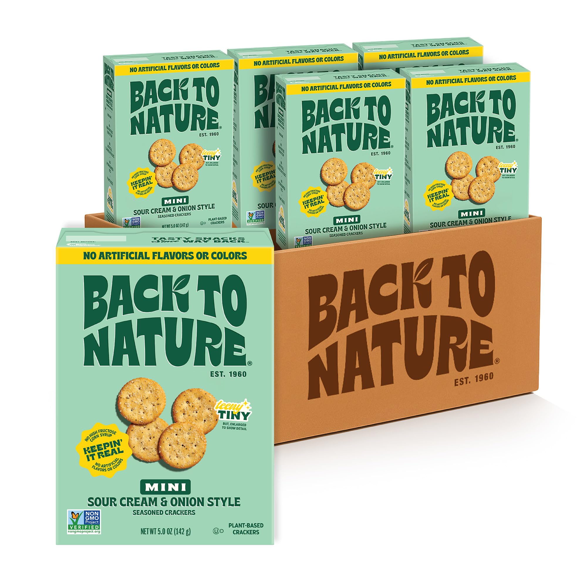 NEW Back to Nature 사워 크림 & 양파 스타일 미니 시즈닝 크래커, GMO 프리, 식물 기반 스낵 크래커, 스낵 해피, 141.7g(5온스) 박스 (6팩)