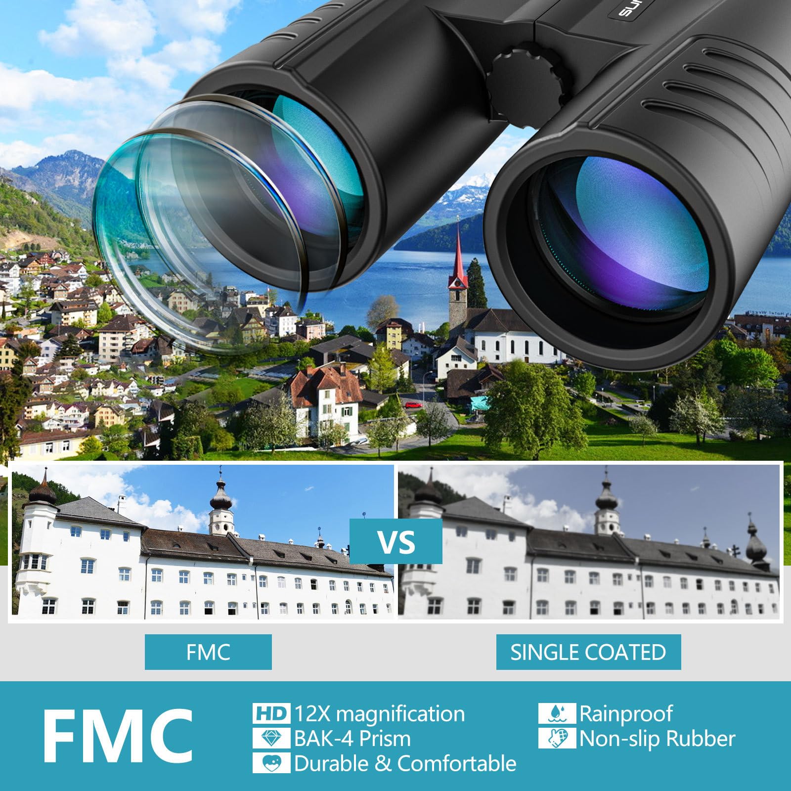 12x42 Binocolo, binocolo professionale,binoculars per Adulti- Prismi BaK4 e Lente FMC, Potente Binocolo per Birdwatching, Caccia, Escursionismo con Adattatore Telefonico