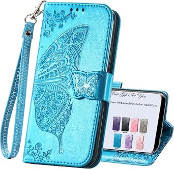 Wallet Case for T-Mobile Revvl 7 5G,PU Leather Flip Protective Phone Case Wrist Strap Card Slots Holder Pocket Emboss Butterfly Flower Stand Case for T-Mobile Revvl 7 5G Blue