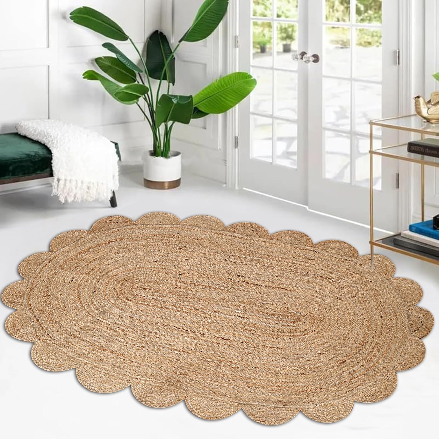 Mrida Weave Handwoven Scalloped Jute Area Rug – Natural Floor Carpet Mat for Living Room, Bedroom, Dining & Entryway Home Décor- 2.3x4 Feet Oval (69 cmx122 cm) - Natural