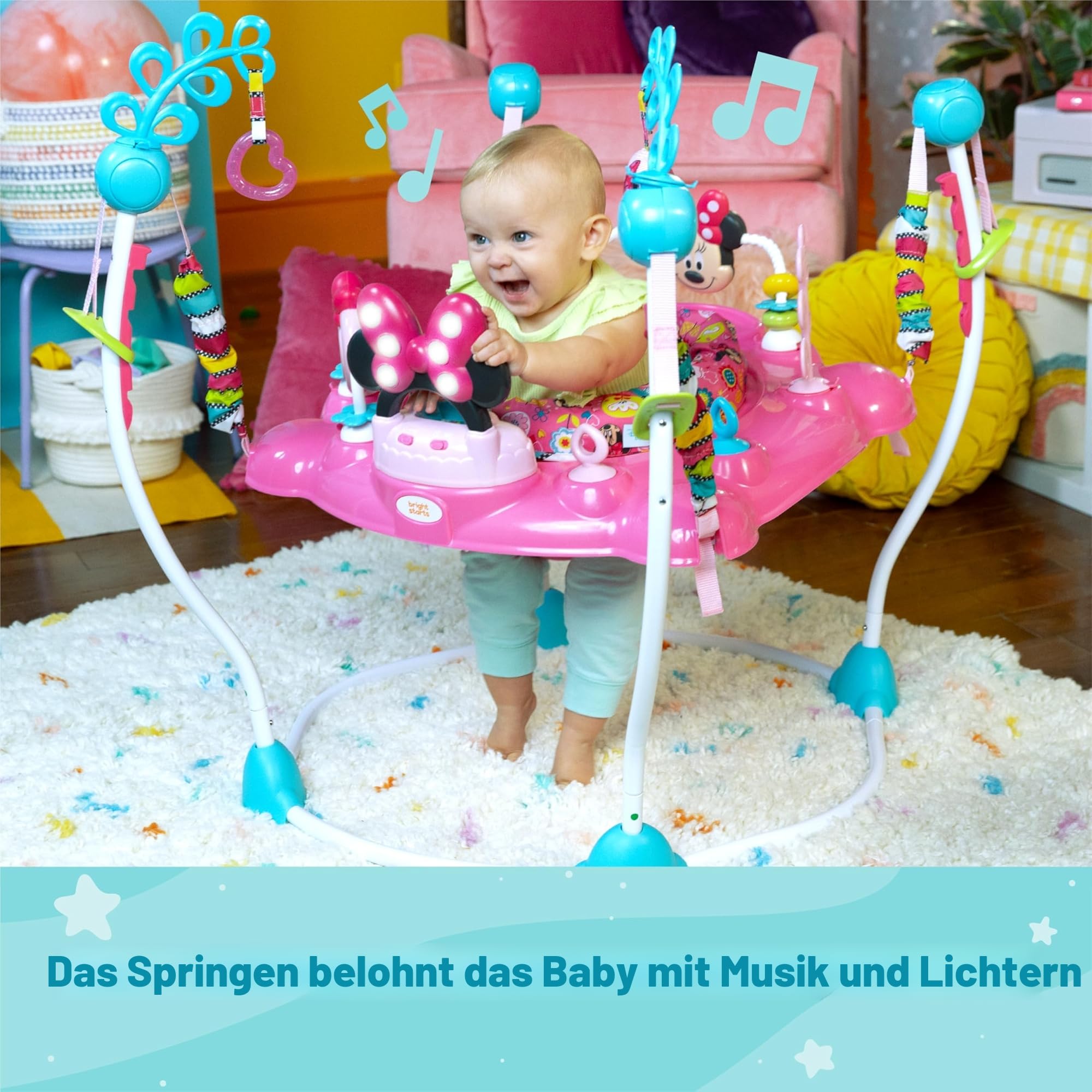 Bright Starts Disney Baby Minnie Maus Peekaboo Spring- und Spielcenter mit Lichtern und Musik, 12 Aktivität Spielzeug, 360° drehender Sitz, höhenverstellbar, ab 6 Monaten