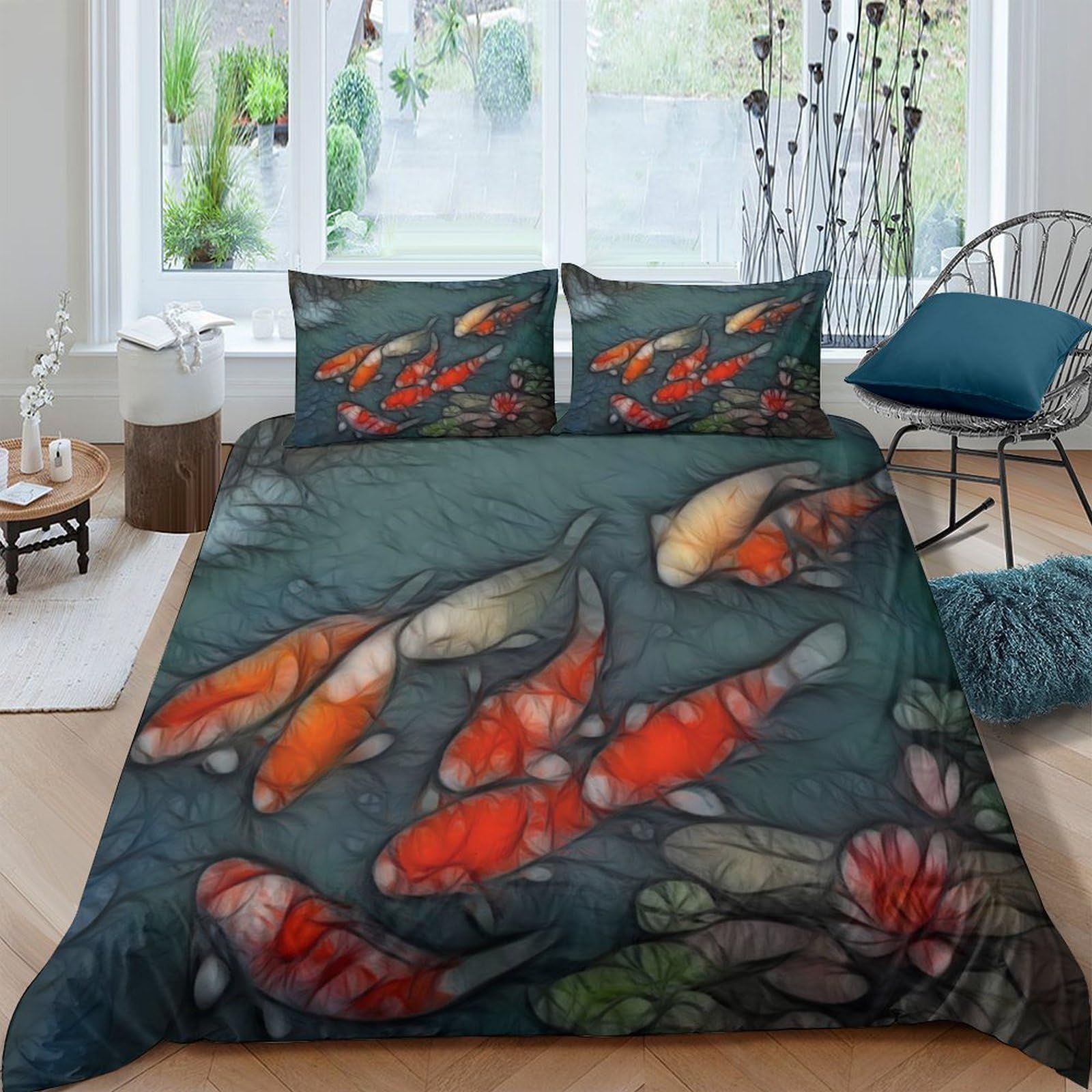 Ctjqhvkz Style-8 3D Printed Koi Fish Fitted Sheet Microfiber Soft Water Garden Mattress Cover For Bedroom Guestroom Easy Care Decor Single（135X200cm）