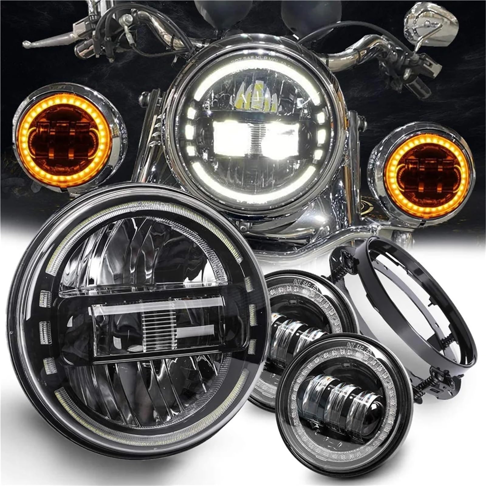 Faro Anteriore Moto per Touring per Rod per Fat per Boy Fari per Moto A Proiezione da 7 Pollici Luci A LED(7-inch Stand Black)