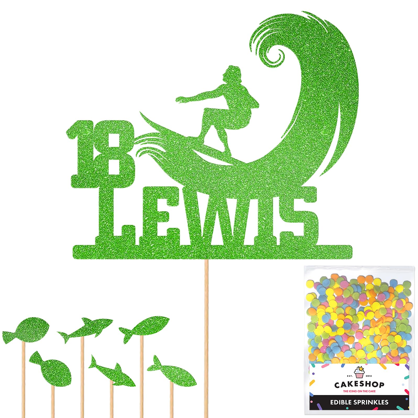 Personalised Surfer Wave Surfing Glitter Cake Topper- Green Any Custom Age & Name Glitter Cake Decoration and Sprinkles - Happy Birthday Decorations - Personalised Toppers for Cakes by Cakeshop — image 1