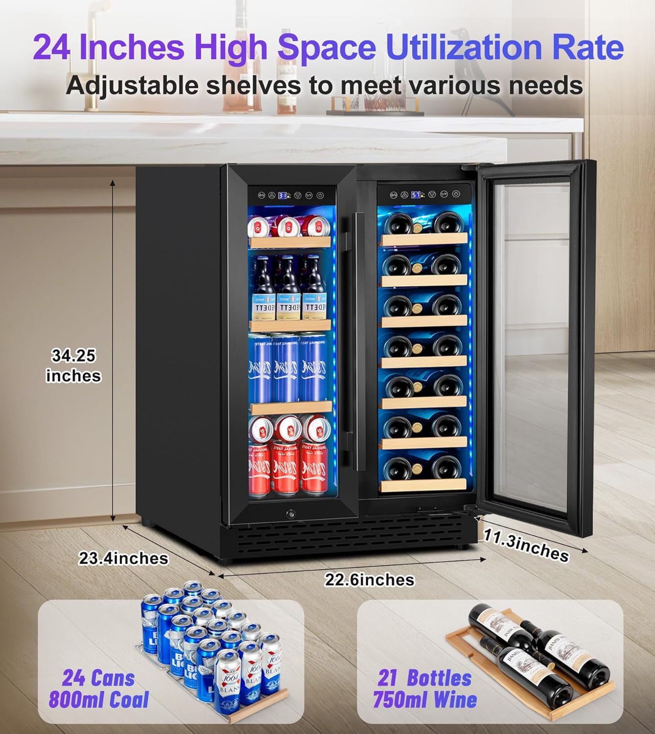 24'' Beverage Refrigerator Wine Fridge with 3 Layers Drawer Dual Temperature Zone