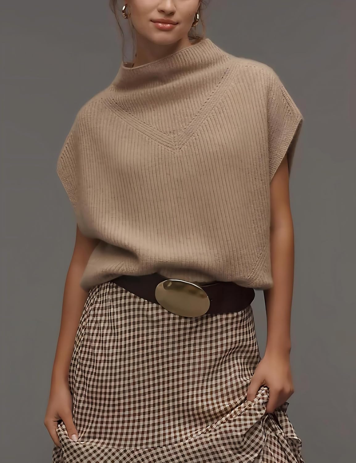 Women’s Oversized Knit Sleeveless Sweater Vest High Neck Pullover Ribbed Top Casual Fall Layering Knitwear - Image 2