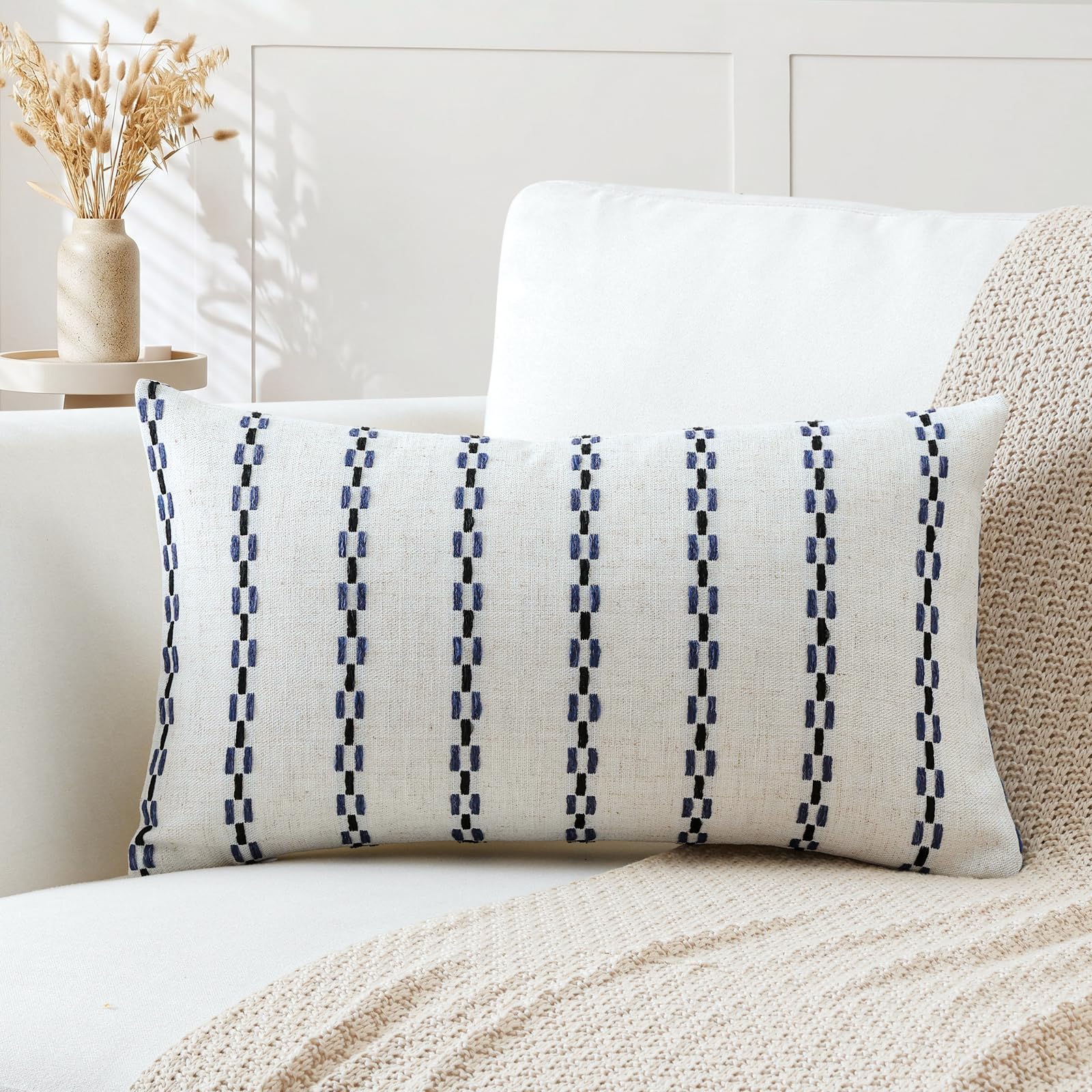 Artscope Pack of 1 Striped Geometric Cushion Cover 40x60cm Soft Lumbar Pillowcase Decorative Farmhouse Accent Couch Throw Pillow Cover for Living Room Bedroom Blue + Black