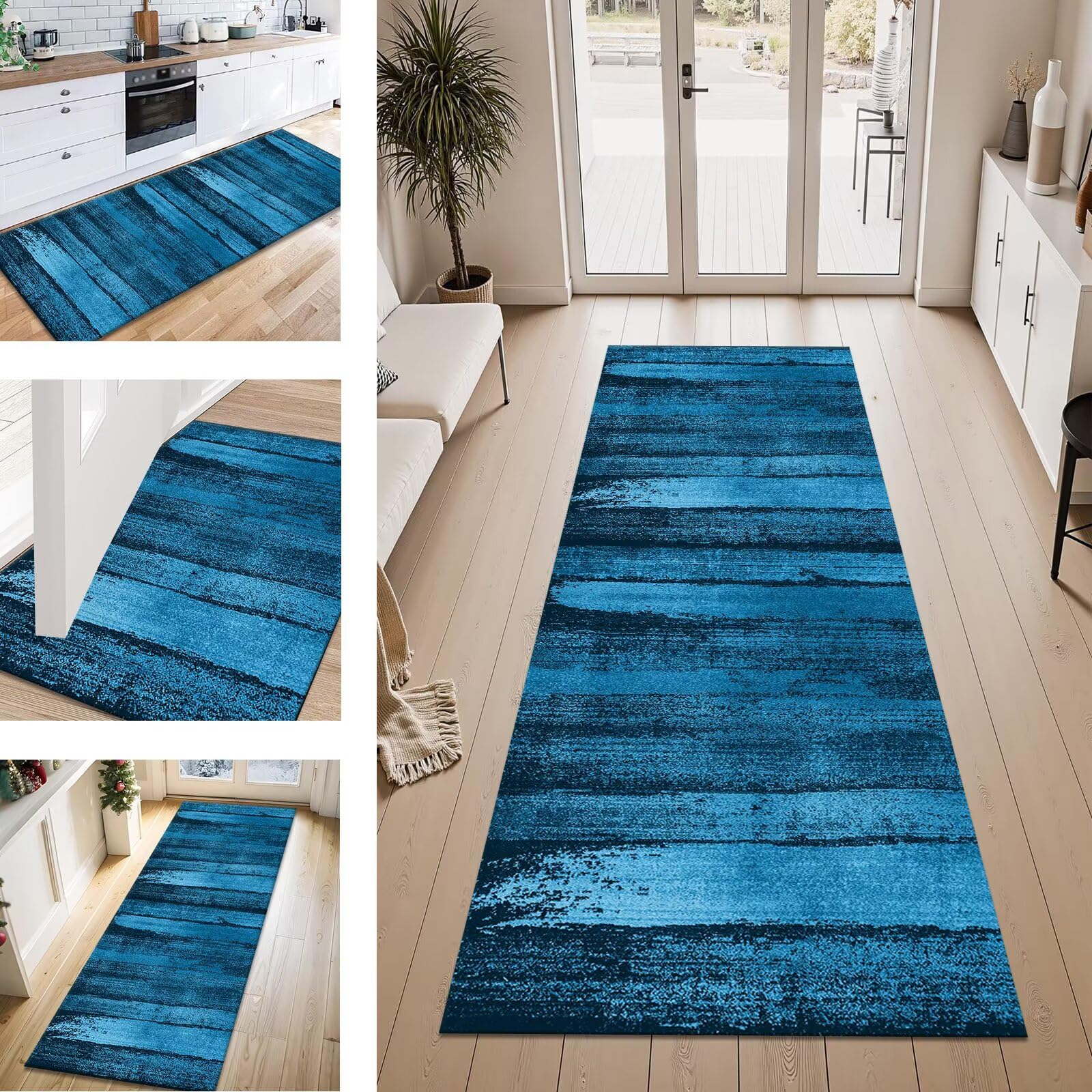 Tapis de Passage Couloir Tapis Cuisine Devant Evier Lavable Antiderapant 80X180CM Bleu Abstrait Tapis de Couloir Paillasson Interieur Absorbants et Résistants à la Saleté Entrée Tapis Salon Chambre