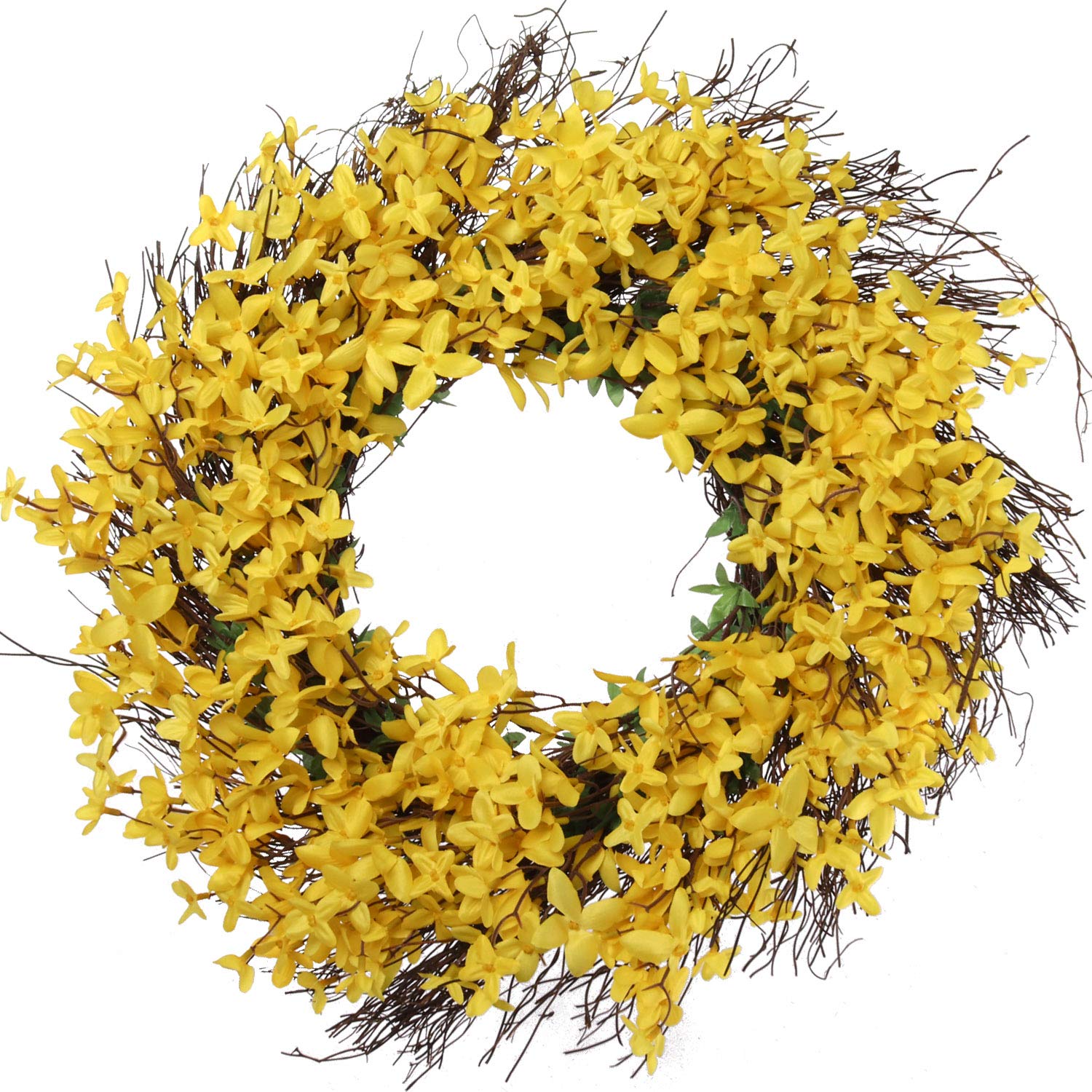 Vibrant 22 Inch Artificial Forsythia Wreath - Lifelike Yellow and Green Hues with Flowers and Leaves