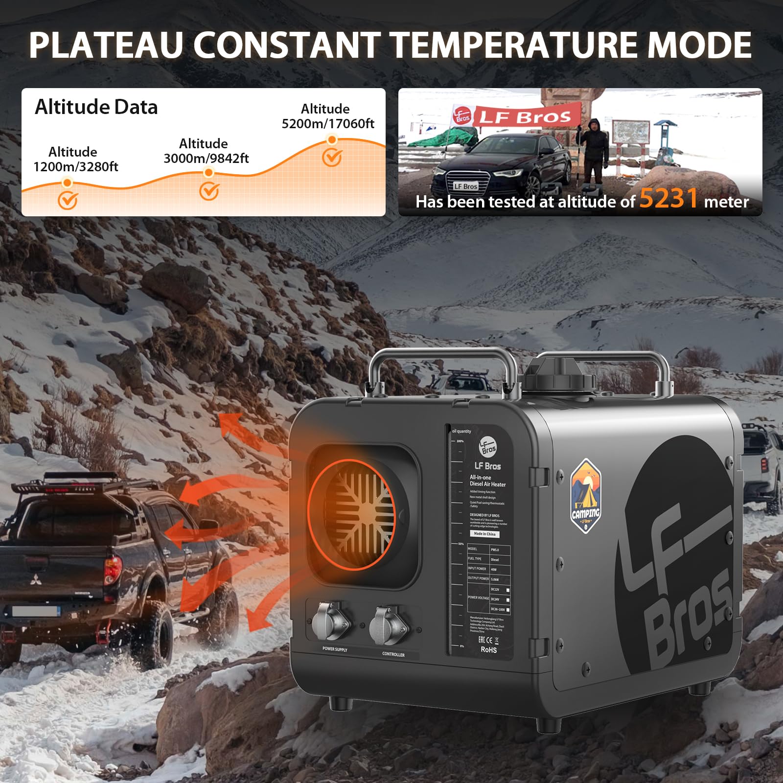 LF Bros Réchauffeur D'air Diesel 5KW, Version Plateau 12V/220V Chauffage Diesel de Stationnement, Chauffage Portable avec Minuterie Interrupteur LCD pour Camping, Tente, Bateau (Noir)